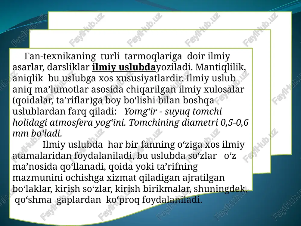 sini ko‘rsatdi. masalan: oybekning «abdulla qodiriyning ijodiy yo‘li», i.sultonning «navoiyning qalb daftari», h.yoqubovning «adibning mahorati» kabi asarlar xudi shunday tadqiqotlardir. ilmiy ommabop asarlar hamma uchun tushunilishi qiyin bo‘lgan masalalarni sharhlaydi. bunday asarlarda iloji boricha murakkab atamalar qo‘llanmaydi. bu uslubda ham shevachilikka yo‘l qo‘yilmaydi. lekin bu ikki xillik ilmiy uslub umumiylik asosida bir-biriga bog‘liq bo‘ladi. xullas ilmiy uslub materialini o‘zaro tutashtiruvchi holatlar quyidagilar: 1.dalillarninganiqligi, mantiiqiy asosligi, tavsifiy izchilligi ilmiy uslubning barchasi uchun muhim hususiyatdir. 2. ilmiy terminlarining ko‘proq qo‘llanilishi bu sohaning harakteriga mosdir. 3. ilmiy uslubda gap bo‘laklarining tushib qolish alomati kam uchraydi. 4. adabiy meyorga rioya qilish, gaplarning grammatik shakllanganligi bu uslubning etakchi xususiyatidir. 5. shevachilikka yo‘l qo‘yilmaydi. ilmiy uslub ilmiy faoliyat sohasiga xizmat qiladi.u asosan fan tili.asosiy vazifasi g‘oyalar faktlar qonuniyatlar hodislar va tushunchalar tizimi bilan aloqadorlikdir. bu axborotlar isbotlangan , dalillangan va umumlashganligi,yozma nutq shaklida nomoyon bo‘lishi uning o‘ziga xos xususiyatlaridir.axborotning holisligi va umumlashganligi,mantiqiy vap izchilligi,aniq va batafsilligi …