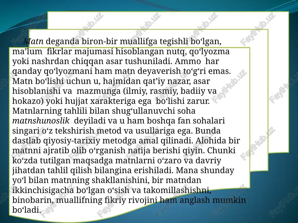 shirinlarning barcha harakatlariga xayrixohlik bildiradi. shohni adolatli bo‘lishiga undash g‘oyasini ilgari suradi. 2. tahlilda asarning mazmuniga ham shakliga ham e’tibor berish va mazmunning yetakchi rolini ta’kidlab o‘tish zarur. 3. asar tahlilida obrazlar asarning umumiy mazmuni bilan bog‘liq holda o‘rganiladi. 4.asar syujeti va kompozisiyasini o‘rganish ham adabiiy tahlilning asosiy vazifasidir. matn ustida ishlash murakkab va ijodiy jarayon bo‘lib, uni qo‘lga olishdan nashrga tayyorlashgacha bo‘lgan davr bir qator bosqichlarni o‘z ichiga oldai. ular quyidagilar: 1. matn manbasini aniqlash. 2. asosiy matnni aniqlash. 3. muallifning matn bo‘yicha oxirgi, haqiqiy variantini aniqlash. 4. matnni nashrga tayyorlash. 5. nashr turlari: hujjatli nashrlar (faksimil nashrlar), ilmiy-tadqiqot nashrlari – akademik, ilmiy, ilmiy-ommabop hamda badiiy va hokazo. hujjatlar matniga qo’yiladigan eng muhim talablardan biri xolislikdir. hujjatlar rasmiy munosabatlarni ifodalovchi va qayd etuvchi rasmiy yozma vositalar sifatida axborotni xolis aks ettirmog’i lozim. shuning uchun hujjatlar tilida so’z va so’z shakllarini qo’llashda muayyan chegaralanishlar mavjud. xususan, rasmiy ish uslubida kichraytirish- …