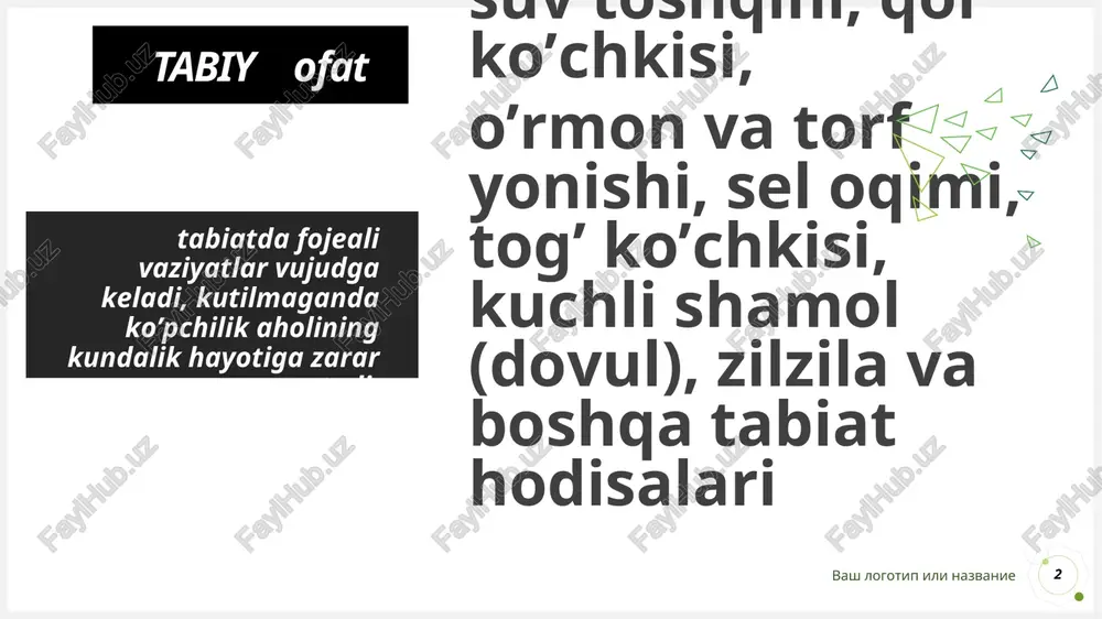 ardagi avariyalar: 4 3. yong’in - portlash xavfi mavjud bo’lgan obyektlardagi avariyalar: 4. energetika va kommunal tizimlardagi avariyalar: atrof - tabiiy muhitga kuchli ta’sir qiluvchi zaxarli moddalarning (avariya holatida) otilib chiqishiga va shikastlovchi omillarning odamlar, hayvonlar va o’simliklarning ko’plab shikastlanishiga olib kelishi mumkin bo’lgan yoki olib kelgan darajada, yo’l qo’yiladigan chegaraviy konsentratsiyalardan ancha ortiq miqdorda sanitariya himoya hududidan chetga chiqishiga sabab bo’ladigan kimyoviy xavfli obyektlardagi avariyalar, yong’in va portlashlar. -texnologik jarayonda portlaydigan, oson yonib ketadigan hamda boshqa yong’in uchun xavfli moddalar va materiallar ishlatadigan yoki saqlanadigan obyektlardagi, odamlarning mexanik va termik shikastlanishlariga, zaxarlanishiga va o’limiga, asosiy ishlab chiqarish fondlarining nobud bo’lishiga, favqulodda vaziyatlar hududlarida ishlab chiqarish siklining va odamlar hayot faoliyatining buzilishiga olib keladigan avariyalar, yong’inlar va portlashlar -sanoat va qishloq xo’jaligi mas’ul iste’molchilarning avariya tufayli energiya ta’minotisiz qolishiga, hamda aholi hayot faoliyatining buzilishiga olib kelgan ges, gres, tetslardagi, tuman issiqlik markazlaridagi, elektr tarmoqlaridagi, bug’qozon qurilmalaridagi, kompressor va gaz taqsimlash …