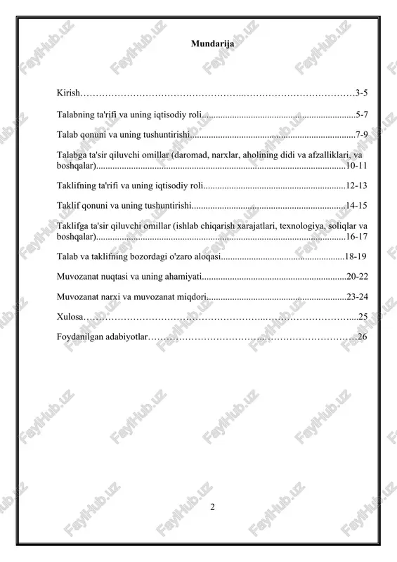 hlab chiqaruvchilarning qarorlariga ta’sir qiladi. talab va taklif o‘zgarishi iqtisodiyotning umumiy rivojlanishiga va barqarorligiga sezilarli ta’sir ko‘rsatadi, shuning uchun bu mavzu dolzarb hisoblanadi. iqtisodiy islohotlar, bozor muvozanatini saqlash, inflyatsiyani boshqarish va iqtisodiy siyosatni shakllantirishda talab va taklifning chuqur tahlili muhim rol o‘ynaydi. asosiy tushunchalar: · talab: bu iste’molchilarning ma’lum bir narxda va ma’lum bir vaqtda tovar yoki xizmatni xarid qilish istagi va imkoniyatini anglatadi. talab ko‘p omillarga bog‘liq bo‘lib, asosiylari narx, daromad, o‘rnini bosuvchi tovarlar va iste’molchilarning didi va afzalliklari hisoblanadi. · taklif: taklif ishlab chiqaruvchilarning ma’lum bir narxda va ma’lum bir vaqtda tovar yoki xizmatni taklif qilishga tayyor bo‘lgan miqdorini anglatadi. taklifga ta’sir qiluvchi asosiy omillar – ishlab chiqarish xarajatlari, texnologiya, soliqlar va boshqalar. · talab qonuni: talab qonuni bo‘yicha, boshqa omillar o‘zgarmas ekan, narx oshganda talab miqdori kamayadi va aksincha, narx tushganda talab miqdori oshadi. bu qonun iste’molchilarning narxga nisbatan sezgirligini ko‘rsatadi. · taklif qonuni: taklif qonuniga ko‘ra, …