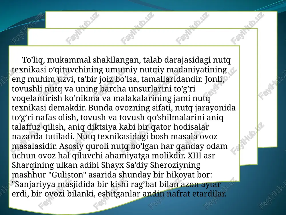 i tovush tovlanishlarini tarkib toptirishda foydalaniladi". o’qituvchi o’z nutqida bu fonetik imkoniyatlar va qonuniyatlarni to’g’ri va o’rinli namoyon eta bilishi lozim. ayrim o’qituvchilar ko’pincha dars jarayonida boshqa joylardagiga qaraganda anchayin baland ovozda gapiradilar. bu yo’l bilan go’yoki sinfdagi shovqinni "bosib" qo’yganday bo’ladilar. ammo bu usulning ta'siri baribir u qadar katta bo’lmaydi, faqat o’qituvchining ovoz apparati keraksiz zo’riqadi, o’zi tez charchaydi. yana ba'zi o’qituvchilar borki, ular darsda deyarli past ovozda so’zlaydilar. bunda ham o’qituvchining o’zi qiynaladi, ammo sezilarli samaraga erishmaydi, faqat bunday ovoz bo’g’iq, tussiz eshitiladi va o’quvchining diqqatini ushlab turmaydi. taniqli notiqlar ham o’z nutqlarining namunali bo’lishini ta`minlashda quyidagi asosli holatlarga alohida e`tibor berganlar: 1.o’zi to’xtalmoqchi bo’lgan masalaga o’z munosabatini aniq belgilab olish; 2.o’z dunyoqarashiga ega bo’lish, so’z bilan ish birligi, nazariya bilan tajribaning dialektik birligiga erishish, fikrlarni ilmiy asoslash. 3.mavzuga mas`uliyat bilan yondashish, uni omma oldida to’liq ochib berishga, yoritishga diqqat qilish. 4.har bir nutqqa jiddiy tayyorgarlik ko’rish, jumladan, …
