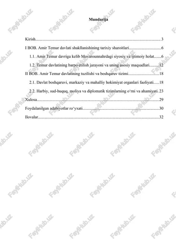vlatning oliy boshqaruv organlari, masalan, devon, vazirlik va saroy kengashlari, temur tomonidan shaxsan nazorat qilingan. uning boshqaruv tizimida “kengash” instituti muhim o‘rin tutgan bo‘lib, davlat ishlarini muhokama qilishda harbiy va diniy arboblar ishtirok etgan. temur qonun ustuvorligini ta’minlash, soliqlarda adolatli tizim joriy etish va aholining turmush darajasini yaxshilashni o‘z oldiga maqsad qilgan. bu yondashuv o‘sha davrda iqtisodiy barqarorlikni ham mustahkamladi. amir temur tashqi siyosatda ham kuchli diplomatik aloqalar o‘rnatgan, xitoy, hindiston, turkiya va yevropa mamlakatlari bilan siyosiy-iqtisodiy munosabatlar yo‘lga qo‘yilgan. u nafaqat buyuk sarkarda, balki tajribali davlat arbobi sifatida ham tarixda o‘chmas iz qoldirgan. bugungi kunda o‘zbekiston respublikasida amir temur davlat qurilish tajribasiga katta e’tibor qaratilmoqda. 1996-yilda amir temur tavalludining 660 yilligi keng nishonlandi va bu jarayon milliy davlatchilik tarixiga yangicha qarashni shakllantirdi. prezidentimiz shavkat mirziyoyev o‘z nutqlarida temuriylar davlati merosini yosh avlod tarbiyasida, davlat boshqaruvi tajribasida o‘rnak sifatida keltirib o‘tgan. shunday qilib, amir temur davlatining tuzilishini o‘rganish nafaqat tarixiy, …