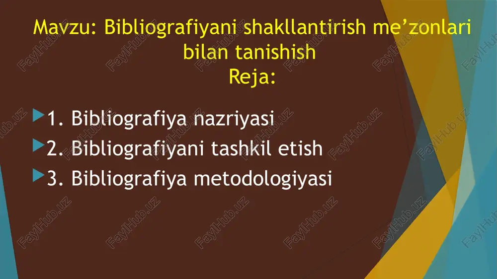 lar. va kutubxona faoliyati, bibliografiya). ikkinchisi - hozirgi va unda bunday ta'rif beriladi: "bibliograf - bu nazariya, tarix, metodologiya, texnologiyalar, metodikani, bibliografiya tashkilotini o'rganadigan ilmiy intizom. ko'rinib turibdiki, ta'rif fanlar bo'limlarini o'tkazish orqali tuzilgan. bu bibliograflar tarkibida ilm va shu bilan bog'liq "jihatlar bo'linmasi bir nechta ilmiy fanlar, bibliografiya tarixi, bibliografiya metodologiyasi, bibliografiya metodologiyasi, bibliografiya metodologiyasi faoliyat va so'nggi o'n yilliklarda bibliografiya metodologiyasi va texnologiyalari mavjud. ushbu barcha turdagi barcha narsalar nafaqat ilmiy, balki universitetlarda o'qitiladigan akademik fanlar ham ko'rinadi. bibliograflarda markaziy joy bibliografiya nazariyasi va tarixi beriladi. bibliografiya nazariyasi - bu ilmiy intizom, bu bibliograflarning "yadrosi" ni tashkil qiladi va quyidagilarni o'rganadi: bibliografiyaning ijtimoiy hodisasi va faoliyat sohasi sifatida bibliografiyaning mohiyati bilan bog'liq muammolar; turli bibliografik hodisalarning tasnifi; bibliografiya, tamoyillar, funktsiyalar, vazifalar faoliyatining shakllari; - jamoat hayotining boshqa sohalarida, axborot va ijtimoiy-madaniy aloqa tizimida joy. - bibliografik faoliyatni tuzish; individual bibliografik hodisalarning o'ziga xos xususiyatlari (jarayonlar, vositalar, mahsulotlar va …