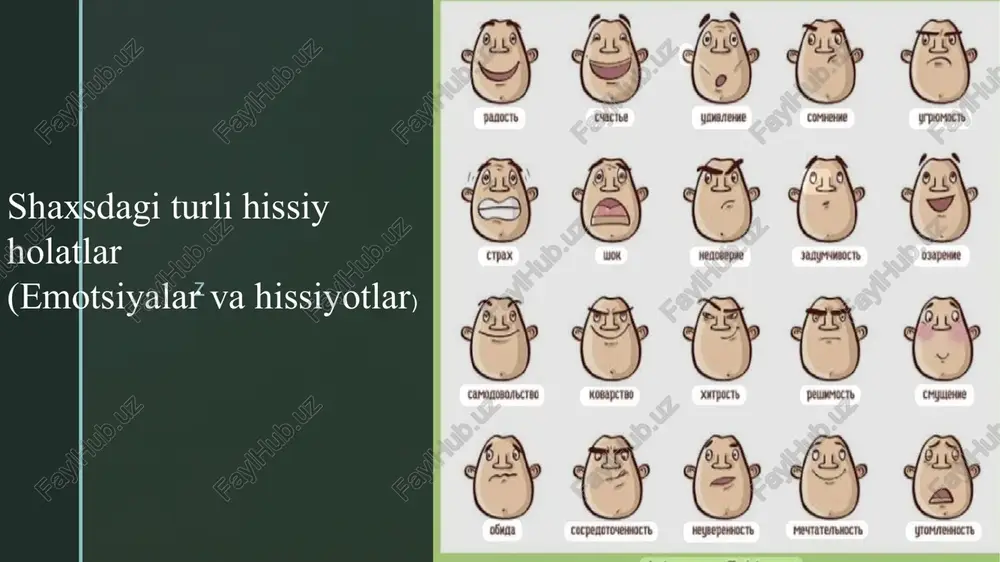 tressni kamaytirish va kasbiy charchashning oldini olish muhim. z salbiy emotsiyalarni boshqarish sport, nafas mashqlari, meditatsiya, ijobiy fikrlash foydali. musiqa tinglash, sevimli mashg‘ulotlar bilan shug‘ullanish ham yordam beradi. bu stress va tashvish darajasini pasaytiradi. z bolalarda emotsiyalar bolalar hissiyotlari tez o‘zgaruvchan. ularni tarbiyalash – ijtimoiy ko‘nikmalarni shakllantirishda muhim. oilada ijobiy muhit yaratish bolaning ruhiy sog‘lig‘ini mustahkamlaydi. z xulosa emotsiyalar va hissiyotlar shaxs ruhiyatining ajralmas qismi. ularni boshqarish sog‘lom psixika va muvaffaqiyatli hayot uchun zarur. tibbiyotda shifokor va bemor o‘rtasida to‘g‘ri emotsional aloqa davolanish samaradorligini oshiradi. z e’tiboringiz uchun rahmat z image4.jpg image5.jpg image6.jpg image7.jpg image8.jpg image9.jpg image10.jpg image11.jpg image12.jpg image13.jpg image14.jpg image15.jpg image16.jpg image2.png image3.png /docprops/thumbnail.jpeg