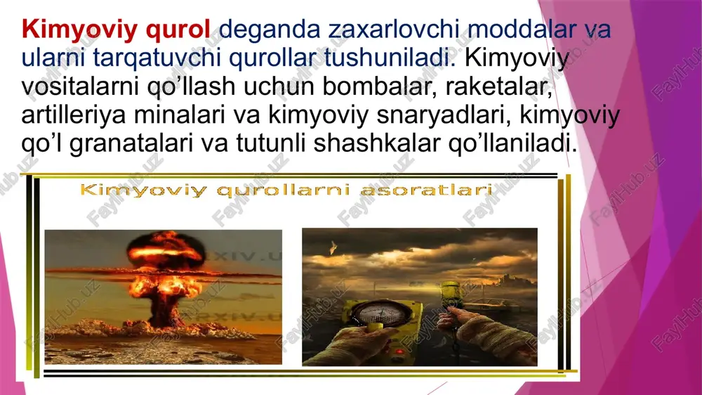 xarakteri faqat zaharlovchi moddalar turiga bog’liq bo’lmay, balki uni jangovar qo’llash usuliga, ob-havoga, joy shakliga, o’simliklar qoplami holatiga va aholi yashaydigan punktlar xarakteriga bog’liq. nervlarni falajlash ta’siriga ega bo’lgan zaxarlovchi moddalar - hozirgi vaqtda hamma zaxarlovchi moddalar ichida eng kuchli va tez o’limga sabab bo’luvchi modda bo’lib hisoblanadi. nervlarni falajlash ta’siriga ega zaxarlovchi moddalarning o’ziga xos xusisiyatlari: - zaxarlanishning klinik manzarasi tezda rivojlanadi. - bu zaxarlovchi moddalar organizmga tushganda teri qavatlarida va shilliq pardalarda hech qanday mahalliy o’zgarishlar yuzaga chiqmaydi. - zaxarlovchi moddalar teri orqali organizmga tushishi teriga tezda kimyoga qarshi shaxsiy paket bilan ishlov berishni talab qiladi. zararlangan kishilarga 5 daqiqa orasida ishlov berish o’tkazilsa yaxshi natija beradi. - bu zaharlovchi moddalar ta’siri natijasida kelib chiqqan bronxoreya, bronxospazm, gipoksiya holatlari va so’lakninig mo’l ajralib chiqishi himoya vositalarini ishlatishni ancha cheklab qo’yadi. - zaxarlanishga ziddi-zaxarlar bilan davo qilish yaxshi natija byeradi, shuning uchun zaxarlanishning klinik ko’rinishi paydo bo’lishi bilan ziddi-zaxarni …