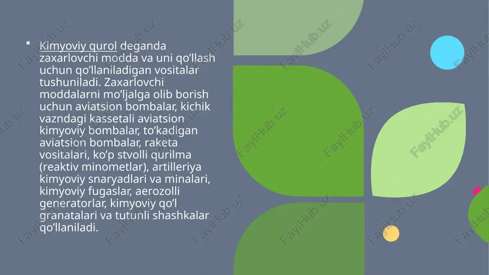 ayonini keltirib chiqaradi va rezorbtiv ta’sir kiladi. teri shikastlanishi uch darajada (i-ii-iii) kechadi. ipritdan zaxarlanganda organizmga zaharli moddaning qaysi yo’l bilan kirishidan qat’iy nazar, namoyon bo’ladigan patologik jarayonga barcha a’zolar va sistemalar jalb qilinadi. terining zararlanishi 5 bosqichda o’tadi: yashirin davr, eritemali bosqich, vezikulyoz-pufakchali bosqich, yara-nekrotik bosqich va qayta tiklanish bosqichi. birinchi jahon urishi davrlarida qo'llanilgan kimyoviy qurollar kimyoviy sharoit deganda dushman tomonidan kimyoviy qurol qo’llash natijasida paydo bo’lgan zararlanish o’chog’ining sanoat obyektlari ishiga va kishilarning hayot faoliyatiga ma’lum darajada ta’sir qilishi tushuniladi. kimyoviy sharoitni baholash quyidagicha o’tkaziladi: 1) kimyoviy zararlanish o’chog’i kartaga (chizmaga) razvedka ma’lumotlari to’liq olib bo’lingandan so’ng chizib ko’rsatiladi va zaxarlovchi moddalar bulutining taxminiy ichkariga tarqalishi hamda uning turg’unligi ko’rsatiladi. dushman tomonidan kimyoviy qurol zarbasiga uchragan joylar kartaga ko’k qalam bilan aylana shaklida (aviatsiya tomonidan qo’llanilganda oval shaklida) chiziladi, strelka bilan ko’rsatilgan yo’nalishi, uzun strelka bilan esa zaxarlovchi modda birlamchi bulutlarining ichkariga yo’nalishi ko’rsatiladi. shamolning tezligi m/sek …