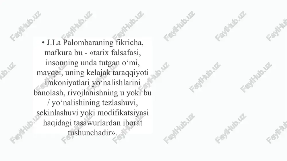 h jarayonini boshidan kechiradi. mafkuraning keng tarqalgan klassifikatsiyasi «chap»dan «o‘ng»ga qo'yidagicha amalga oshiriladi:«kommunizm - sosializm - liberalizm -konservatizm - fashizm». 1789 yilda fransiyada general shtatlarning birinchi majlisida aristokrat-monarxistlar o‘ng tomondan, uchinchi tabaqaning radikal vakillari esa chap tomondan joy olganlar. fransuz parlamentidagi bunday joylashuv keyinchalik ham davom etdi. fransiyadagi ana shu «o‘ng» va «so‘l» degan siyosiy tushunchalar butun dunyoga «liberalizm» atamasi dastavval 1812 yilda ispaniyada qollanilgan. xix asrning 40-yillariga kelib bu atama butun yevropaga yoyildi. liberalizm siyosiy oqim sifatida xv asrdan to xviii asrgacha bolgan davrda shakllanib bordi va u asosan o‘rta tabaqalar manfaatlarini o‘zida ifoda etdi. liberal g‘oyalarxvii asrdagi angliya inqilobida, xviii asrdagi amerika va fransiya inqiloblarida muhim o‘rin tutgan edi. xix asr esa liberalizm asri boldi. xx asrdan e’tiboran kapitalizm «uchinchi dunyo» mamlakatlariga ham keng tarqala boshladi. ammo bu mamlakatlardagi jamoatchilik ruhiyati individualizmga nisbatan ustivor bolganligi uchun liberalizm kuchli tomir ota olmadi. shu sababli bunday sharoitlarda kapitalizm o‘zida ko‘proq …