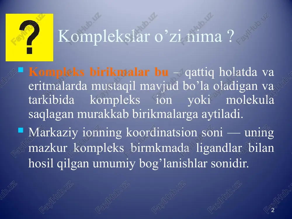 mukofoti va diplomi bilan taqdirladi “uning ishlarini molekulalarni tabiatga aloqadorligi yangicha usulda eski muammolarni ochgani uchun hamda noorganik kimyoda yangi tadqiqotlar uchun yo’l ko’rsatgani uchun". kompleksimetrik titrlash yoki kompleksonometriya - … kompleksimetrik titrlash usulida quidagi usullar ajratiladi: merkurimetriya ftoridometriya sianidometriya kompleksonometriya kompleksonometriyada bo’ladigan reaksiyalarga talablar: reaksiya stexiometrik nisbatda bo’lishi. reaksiya miqdor bo’yicha oxirigacha borishi , kompleksning barqarorligi esa barqarorligi 108 dan katta bo’lishi kerak. kompleks birikma hosil bo’lish reaksiyasi tez borishi lozim. ekvivalent nuqtasini aniqlash imkoni bo’lishi. titrlash paytida qo’shimcha reaksiyalar bo’lmasligi lozim. kompleksonometrik titrlash shartlari kompleks hosil qiluvchi metallarning yuqori barqarorligi (βst.) aniq kislotali muhitda saqlab qolishi buferli eritmalarni (n+ ionlarni bog’lash uchun) ishlatish faqat kislotali muhitda titrlanadigan aniq kationlar (fe3+, in3+, sc3+, zn4+, th4+). tog’ri kompleksonometrik titrlash qo’llash shartlari: reaksiyaning yuqori tezlikdagi reaksiya miqdoriy jihatdan oxirigacha stexiometrik borishi aniq titrlash nuqtasini sezadigan indikator bo’lishi agar bo’lsa, kationlar saralashmasini titrlash mumkin aniqlanuvchi ionlar: ko’pchilik metall kationlari tog’ri titrlashda selektivlashni …