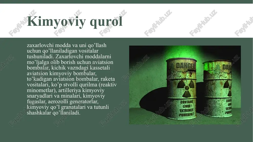 da past bo’ladi. zaxarli xossasini ochiq joylarda bir necha daqiqagacha saqlaydi. shuning uchun asosan havoni zaxarlash maqsadida qo’llaniladi. bu moddalar bug’lanib, zaxarli modda aralashgan bulut hosil bo’ladi, bunday bulutlar shamolda uchib, ba’zan 10-15km gacha etib boradi. bu guruhga umumiy zaxarlovchi va bo’g’uvchi zaxarlovchi moddalar kiradi. nervlarni falajlash ta’siriga ega bo’lgan zaxarlovchi moddalar hozirgi vaqtda hamma zaxarlovchi moddalar ichida eng kuchli va tez o’limga sabab bo’luvchi modda bo’lib hisoblanadi. bular qaysi usullar bilan organizmga tushishidan qat’iy nazar insonni zararlaydi, hatto shikastlanmagan teri va shilliq pardalarga tushganda ham. boshqa zaxarlovchi moddalardan farqli o’laroq, fosfororganik moddalar rangsiz va hidsiz. shuning uchun odam ko’pincha himoya vositalarini kiyishga kechikadi. nervlarni zararlovchi moddalarning o’ziga xos xususiyatlari zaxarlanishning klinik manzarasi tezda rivojlanadi bu zaxarlovchi moddalar organizmga tushganda teri qavatlarida va shilliq pardalarda hech qanday mahalliy o’zgarishlar yuzaga chiqmaydi. zaxarlovchi moddalar teri orqali organizmga tushishi teriga tezda kimyoga qarshi shaxsiy paket bilan ishlov berishni talab qiladi. zararlangan kishilarga …