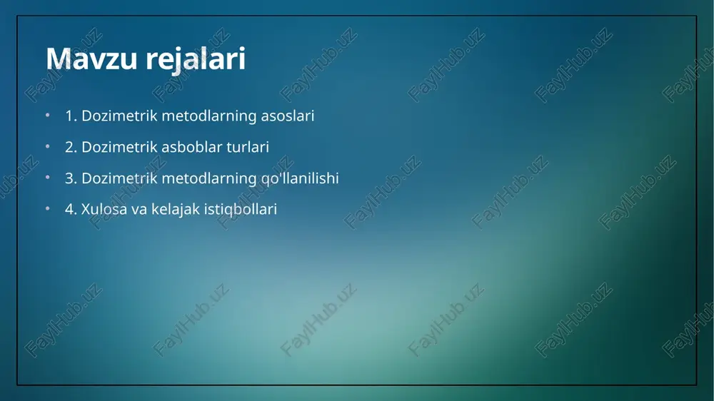 a ega. dozimetrik asboblarning turlari dozimetrik asboblar turli xil xususiyatlarga ega bo'lib, ularni klassifikatsiya qilish mumkin. masalan, ionizatsion dozimetrlar, foton dozimetrlar, va neutron dozimetrlar. har bir turli asbobning o'ziga xos ishlash prinsipi bor va ularning qo'llanilishi muayyan sharoitga bog'liq. ularning to'g'ri tanlanishi radiatsiya xavfsizligini ta'minlash uchun juda muhimdir. dozimetrik asboblarning ahamiyati dozimetrik asboblar, shuningdek, ilmiy tadqiqotlarda ham muhim ahamiyatga ega. ular radiatsiya ta'sirini o'rganishda, yangi texnologiyalarni ishlab chiqishda va xavfsizlik standartlarini belgilashda qo'llaniladi. bu asboblar yordamida radiatsion xavfning oldini olish imkoniyati yaratiladi. shuningdek, dozimetrik asboblar yadro energetikasida va tibbiyotda keng qo'llaniladi. ular yordamida radiatsiya manbalarining xavfsizligi va samaradorligi baholanadi. bu asboblar orqali radiatsion nazorat amalga oshiriladi va zarur choralar ko'riladi. dozimetrik asboblar radiatsiya xavfsizligini ta'minlashda muhim rol o'ynaydi. ular inson salomatligini himoya qilish va radiatsion muhitni nazorat qilish uchun zarurdir. bu asboblar yordamida radiatsiya darajalari o'lchanadi va ularning xavfli darajaga yetmasligi ta'minlanadi. dozimetrik metodlarning turlari dozimetrik asboblar tasnifi dozimetrik metodlar …