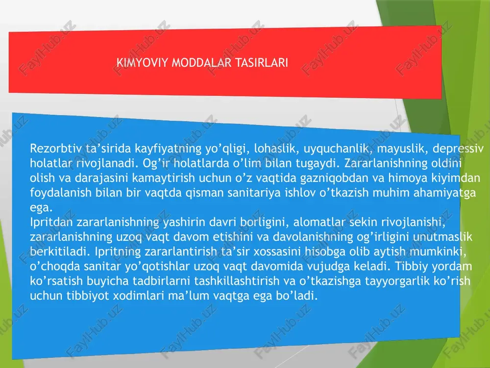 va zaxarlovchi moddalar bulutining taxminiy ichkariga tarqalishi hamda uning turg’unligi ko’rsatiladi. dushman tomonidan kimyoviy qurol zarbasiga uchragan joylar kartaga ko’k qalam bilan aylana shaklida (aviatsiya tomonidan qo’llanilganda oval shaklida) chiziladi, strelka bilan ko’rsatilgan yo’nalishi, uzun strelka bilan esa zaxarlovchi modda birlamchi bulutlarining ichkariga yo’nalishi ko’rsatiladi. zaharli kimyoviy moddalar quydagi guruhga bo’linadi 1.zaharlashning bosh klinik alomatiga ko’ra 2.sochilgan joyda tasirini saqlashi va gidrolizlanishiga ko’ra 3.zaharlanishning natijaviy samarasigaa ko’ra 4.tasir vaqti va davomiyligiga ko’ra 5.qo’llash ro’yxati (extmoli ) nazardan . 1-. guruh 6 ta guruhchaga bo’linadi 1 –nervlarni falajlovchi tasir kuchiga ega 3-ummumzaxarli moddalar 4-bo’g’ish xususyatli moddalar 2-terini qo’poruvchi(ipritva lyuzit) 5-asabga tasir etuvchi hususyatga ega 6-g’ashga tegish xususyatiga ega zararli kimyoviy quroldan zararlanish zonasi ikkilamchi zararlangan zona birlamchi zona kuchli tasir etuvchi zaharli moddalar xlor-xlor buluti xolda tarqaladi,ko’zni achitadi,og’riq paydo qiladi. ammiak-nafas yo’llariga kuchli tasir qiladi bronxlarda yiringli jarayonga sabab bo’ladi azot kislotasi va oksidi-kuchli oksidlovchi,teri nafas xazm yo’llari orqali kiradi ftor-zaharli …