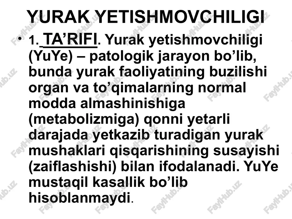 larda gipoksiya vujudga keladi. patogenezi (davomi) gipoksiya natijasida eritropoez va aylanib yuruvchi (sirkulyasiyalanuvchi) qon miqdori ko’payadi. miokard shikastlanishi natijasida yuzaga keladigan dimlanish va gipoksiya yuyega olib keladi va rivojlantiradi. (2) “yurakning qon chiqarish yetishmovchiligi” nazariyasi asosida miokard shikastlanishi tufayli qon daqiqalik hajmining, ya’ni bir daqiqada yurak chiqargan qon miqdori kamayishi yotadi. 6. tasnifi. yuye etiologiyasi, klinik kechishi va rivojlanishiga qarab farqlanadi. (a) etiologiyasi bo’yicha: (1) kichik va katta qon aylanish doirasida qon bosimining ko’tarilishi: mitral stenoz, aorta stenozi, uch tabaqali qopqoq yetishmovchiligi; (2) yurak bo’lmachalari va qorinchalarida qon hajmining ortishi – yurak nuqsonlarida: mitral qopqoq va yarim oysimon qopqoq yetishmovchiligi; (3) miokardning birlamchi zararlanishi: miokarditlar, kardiomiopatiyalar. (b) klinik kechishi bo’yicha: (1) o’tkir yurak yetishmovchiligi; (2) surunkali yurak yetishmovchiligi; (3) chap qorincha yetishmovchiligi; (4) o’ng qorincha yetishmovchiligi; (5) total yetishmovchilik. (v) rivojlanishiga ko’ra: (1) i – boshlang’ich (yashirin) bosqich: faqat jismoniy zo’riqishda namoyon bo’ladi; (2) ii bosqich ikki darajaga bo’linadi: a …