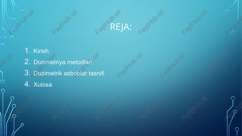 ilan qayd qiladi. doza haqida aniq ma’lumot bermaydi, ammo nurlanish mavjud yoki yo‘qligini tez aniqlash uchun ishlatiladi. afzalliklarijuda aniq va ishonchli natija beradi.turli nurlanish turlarini qayd etish mumkin.doimiy nazorat uchun mos. kamchiliklariba’zi asboblar murakkab va katta o‘lchamli bo‘ladi.yuqori kuchlanish manbai talab etiladi.past energiyali nurlanishni o‘lchashda sezgirligi kamayadi. lyuminestsent metodlar asosiy prinsipi: ionlashtiruvchi nurlanish ayrim kristallar va moddalarga ta’sir qilib yorug‘lik (lyuminestsensiya) chiqaradi. hosil bo‘lgan yorug‘lik intensivligi nurlanish dozasiga proporsional. bu usulda nurlanish sezgir kristallar yordamida aniqlanadi. afzalliklari: juda sezgir va aniq natija beradi. shaxsiy va atrof-muhit dozasini nazorat qilishda qulay. asboblar ixcham, ko‘chma bo‘lishi mumkin. uzoq muddatli nurlanishni yig‘ib qayd eta oladi. kamchiliklari: maxsus kristallar va fotoko‘paytirgich talab etiladi. tayyorlash va o‘qish jarayoni biroz murakkab. o‘lchash jarayonida qo‘shimcha asbob-uskunalar kerak bo‘ladi. qo‘llaniladigan dozimetrlar: scintillyatsion dozimetrlar kristall (masalan, nai, zns) nurlanish ta’sirida yorug‘lik chaqnashini chiqaradi. yorug‘lik fotoko‘paytirgich (fotomultipleyer) yordamida elektr signalga aylantiriladi. juda sezgir, α, β, γ nurlanishlarini ajrata oladi. radiatsiya …
