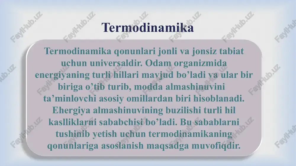 sistemalar uchun:   har qanday jarayon davomida energiya yo’q bo’lmaydi va yo’qdan bor bo’lmaydi, u faqat bir ko’rinishdan ikkinchi ko’rinishiga ekvivalent miqdorda o’tishi mumkin. organizmda modda almashinuvini boshqaruvchi jarayonda kimyoviy energiya, energiyaning boshqa turlariga o’tib, organizmning hayot faoliyatini ta’minlaydi. q=δu+a termodinamikaning birinchi qonuni  termodinamikaning birinchi qonuni energiyaning saqlanishi qonunini ifodalaydi. agar sistemaning hajmi doimiy bo’lsa hamda issiqlik berilsa uning ichki energiyasi oshadi. agar sistema tashqi sistema ishlamasa, hamda issiqlik berilmasa uning ichki energiyasi kamayadi. issiqlik sarflanmasdan ish bajarib bo'lmaydi yoki ajratilgan sistemada barcha turdagi energiyalar yig'indisi o'zgarmas qiymatga ega. energiya sarflanmasdan abadiy ishlaydigan mashina qurib bo'lmaydi energiya yo'qdan bor bo'lmaydi va bordan yo'q bo'lmaydi, u faqat bir turdan ikkinchi turga aylanadi. termodinamikaning 1 - chi qonuni xulosalari:  termodinamik jarayonlar izotermik izoxorik izobarik  izotermik jarayonlar p v 0 v 1 v 2 o’zgarmas temperaturada sodir bo’ladigan jarayonlar t=const  u=0 q+a=0 q=-a=a*  o’zgarmas hajmda sodir bo’ladigan …