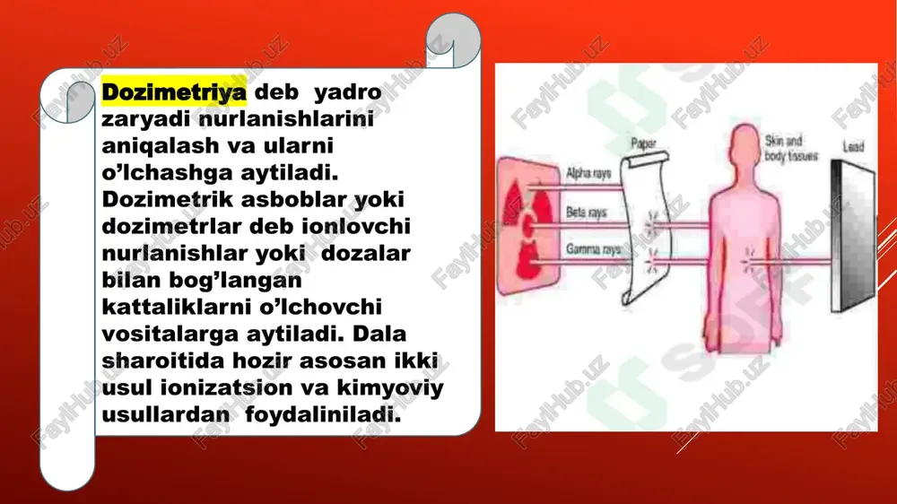 oladi. kamchiliklari: yuqori aniqlikka ega emas va kichik doza darajalarini baholashda qiyin bo‘lishi mumkin. ionizatsion kamera ishlash prinsipi: ionizatsion kamera havoni ionlashtirish orqali tok oqimini hosil qiladi. kamera ichidagi gaz ionlashadi va hosil bo‘lgan ionlar elektrodlar orasidagi elektr maydonga qarab harakat qiladi, natijada o‘lchash mumkin bo‘lgan elektr toki hosil bo‘ladi foydalanish sohasi: katta doza va yuqori darajadagi radiatsiya manbalari bilan ishlashda, masalan, tibbiy va sanoat radiologiyada. afzalliklari: katta dozalarni aniq o‘lchashga imkon beradi va yuqori aniqlikdagi o‘lchovlarni taqdim etadi. kamchiliklari: qurilmaning kattaligi va yuqori narxi uni mobil o‘lchashlar uchun kamroq qulay qiladi. termolyuminessent dozimetr (tld) ishlash prinsipi: tldlar kristalli material (masalan, lif)dan foydalanadi. radiatsiya kristallda energiyani yig‘adi va u harorat ta’sirida nur tarqatadi. ushbu nur miqdori doza bilan bog‘liq va uni maxsus o‘qiydigan qurilma yordamida o‘lchash mumkin. foydalanish sohasi: shaxsiy doza monitoringi, masalan, tibbiyot va sanoat sohalarida. afzalliklari: kichik hajm, yengilligi va uzoq muddatli monitoring qilish imkoniyati. kamchiliklari: dozani o‘qish …
