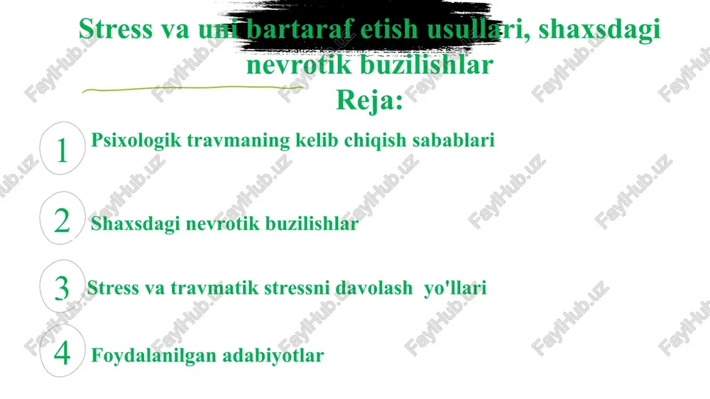 lmaydi, chunki voqea muqarrar. travmalar xulq-atvoriga qarab tasniflash mumkin bu ularga sabab bo'ldi. ular bolalikdagi jarohatlar, zo'ravonliklar, duellar, tabiiy ofatlar, baxtsiz hodisalar va boshqalar bo'lishi mumkin. boshqacha aytganda, bu hodisa osoyishtalikni sezilarli darajada buzadi bir kishining. shikastlanish haqida gapiradigan bo'lsak, voqea oldindan aytib bo'lmaydigan bo'lishi, odamning nazorati ostida bo'lmasligi va hissiy naqshlaringizni jiddiy ravishda buzadi. ushbu hodisaning ta'siri insonning psixologik zaiflashishiga olib keladi. terror voqea va travmatik parchalarning birlashishiga xalaqit beradigan xotira fobiyasiga aylanadi. xotiralar oddiy ongdan ajralib, vizual in'ikoslar, somatik tashvishlar va o'zini tutish ko'rsatkichlari sifatida tashkil etilgan, tajribamizning asl rejimida bizning xotiralarimizda saqlanmoqda (salvador, 2017). shikast holatlarga duchor bo'lgan odamlar jarohat olishdi (travma so'zi yunon tilidan olingan va yara degan ma'noni anglatadi), ular eslashdan qo'rqishadi, istamaydilar, eslay olmaydilar, ularga murojaat qiladigan har qanday odam yoki vaziyat bilan aloqa qilishdan qochishadi. sodir bo'lgan voqealarga va ko'pincha ajralib chiqishga favqulodda mexanizm sifatida olib keladi, bu vaqt o'tishi bilan parvarishlash mudofaasi …