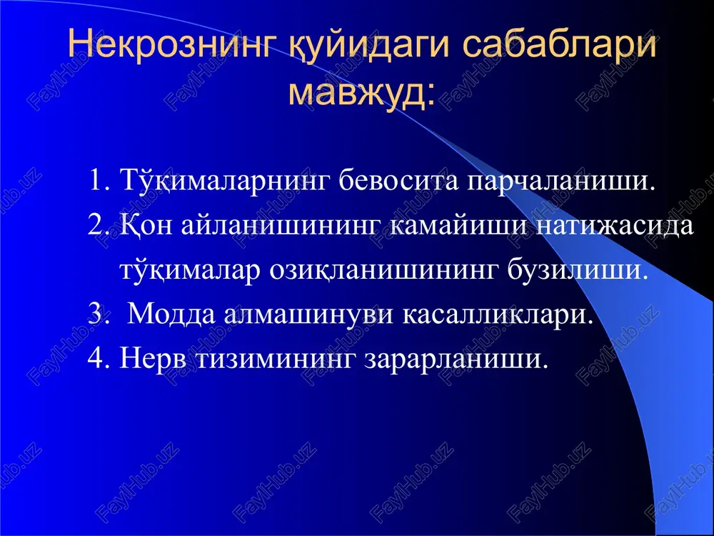 i umumiy yoki maxalliy bo'lishi mumkin. organizmning umumiy anatomo-fiziologik xususiyatlari : 1. organizmning reaktivligi 2. nerv tizimining turi. 3. anemiya. 4. yurak etishmovchiligi. 5. modda almashinuvi kasalliklari. 6. gipovitaminozlar. organizmning maxalliy anatomo-fiziologik xususiyatlari: 1. qon tomir tizimi tuzilishining magistral yoki tarqoq turdaligi. 2. kollaterallarning xolati. 3. qon aylanishi buzilishining rivojlanish darajasi. 4. qon tomirlarida patologik uzgarishlar bor yoki yo'qligi (ateroskleroz, endarterit). tasnifi: etiologiyasiga ko'ra: 1. spetsifik 2. nospetsifik to'qimalarning zararlanish darajasiga ko'ra: 1. yuzaki 2. chuqur 3. butunlay (totalnie) klinik kechishiga ko'ra: 1. quruq 2. xo'l jarayonnning joylashishiga ko'ra: 1. terida. 2. teri osti kletchatkasida. 3. mushaklarda. 4. ingichka ichakda. 5. o't kopida. 6. bachadonda. nospetsifik gangrenalar: nospetsifik gangrenalar shikastlanishlar yoki qon tomirlar va to'qimalarning uzoq vaqt siqilishi, kuyishlar, xirurgik infektsiyalar, trofik o'zgarishlar (yotoq yaralar, yaralar), tromboz va emboliyalarning natijasida rivojlanadi. spetsifik gangrenalar spetsifik gangrenalar ateroskleroz, obliteratsiyalovchi endarterit, zaxm, endokrinologik kasalliklar – qandli diabet natijasida rivojlanadi. klinik manzarasining xususiyatlariga ko'ra …