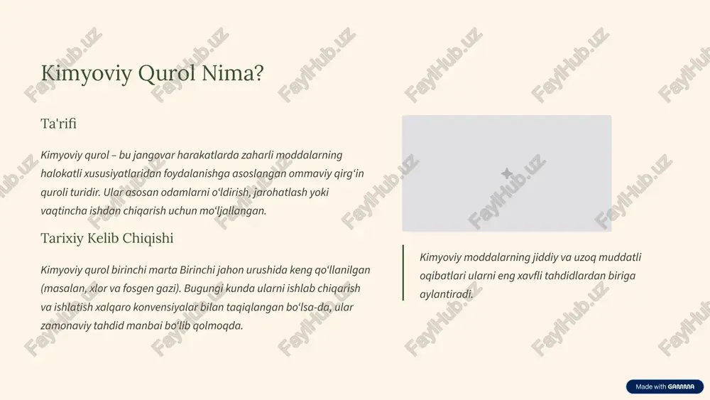 nafas olish tizimi) jiddiy zararlanishi. 4 boshqa muhim guruhlar: bo'g'uvchi va umumiy zaharlovchi moddalar bo'g'uvchi moddalar o'pka to'qimalarini shikastlaydi, o'pka shishiga (edema) olib keladi. fosgen asosiy vakilidir. simptomlar kechikib paydo bo'lishi mumkin (bir necha soatdan keyin). umumiy zaharlovchi moddalar qon orqali butun tanaga tarqalib, hujayralarning kisloroddan foydalanishiga to'sqinlik qiladi. sianid vodorodi (hydrogen cyanide) eng xavflisidir. ta'siri juda tez yuzaga keladi. 5 zaharli moddalarning tasnifi: konsentratsiya va ta'sir mexanizmi zaharli moddalar nafaqat ta'sir xususiyatiga ko'ra, balki ularning xavflilik darajasi va tarqalish mexanizmiga ko'ra ham tasniflanadi. qattiq zaharli moddalar uzoq vaqt davomida saqlanib turadi (bir necha soatdan kunlargacha). hudud uzoq muddat ifloslanib qoladi. masalan: vx. o'tkinchi zaharli moddalar tez bug'lanadi va ta'siri qisqa muddatli bo'ladi (bir necha daqiqa). masalan: zarin. psixotropik moddalar vaqtincha ruhiy tushkunlik, eshitish/ko'rish gallyutsinatsiyalarini keltirib chiqaradi. halokatli emas, lekin jangovar qobiliyatni pasaytiradi. tirnash xususiyatli moddalar asosan ko'zni yoshlantirish va yo'talni keltirib chiqarish orqali odamlarni vaqtincha ishdan chiqarish uchun ishlatiladi …