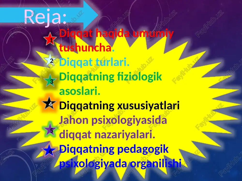 digan diqqat turi qo’rquv diqqati - narsa va hodisalarni qo’rquv organi orqali idrok qilish, esga tushirish munosabati bilan namoyon boladigan diqqat turi ichki diqqat – ongimizning o’z subyektiv taassurotlarimiz, his-tuyg’ularimiz va intilishlarimizga qaratilishidan iborat diqqat turi tashqi diqqat – ongimizning obyektiv voqelikdagi narsa va hodisalarga, ularning ayrim belgi va xususiyatlariga yo’naltirish, ularda faol to’planadigan diqqat turi diqqatning fiziologik asoslari 1.i.p.pavlov asoslariga ko’ra: diqqatning fiziologik asosi qo’zg’alish jarayonining bosh miya sharlar qobig’ining ayrim uchastkalarida to’planishi natijasida optimal qo’zg’alish o’chog’ining hosil bo’lishi va ayni vaqtda miya qobig’idagi boshqa nerv markazlarining ma’lum darajada tormozlanishi 2.a.a.uxtomskiyning asoslariga ko’ra: muayyan nerv uchastkasidagi kuchli qo’zg’aluvchanlik qobiliyatiga ega bo’lgan qo’zg’alish markazi dominantadir. u markaziy asab tizimiga kelgan har qanday qo’zg’alish, impulslarni qabul qilib , ularga tegishli javob qaytaradida, boshqa markazlarni tormozlash evaziga o’z faoliyatini yana kuchaytiradi diqqatning xususiyatlari 1.diqqaning ko’lami 2.diqqatning ko’chuvchanli 3.diqqatning bo’linishi 4.diqqatning kuchi va barqarorligi diqqatning ko’lami. diqqqatning ko’lami – diqqatga eng qisqa vaqt …