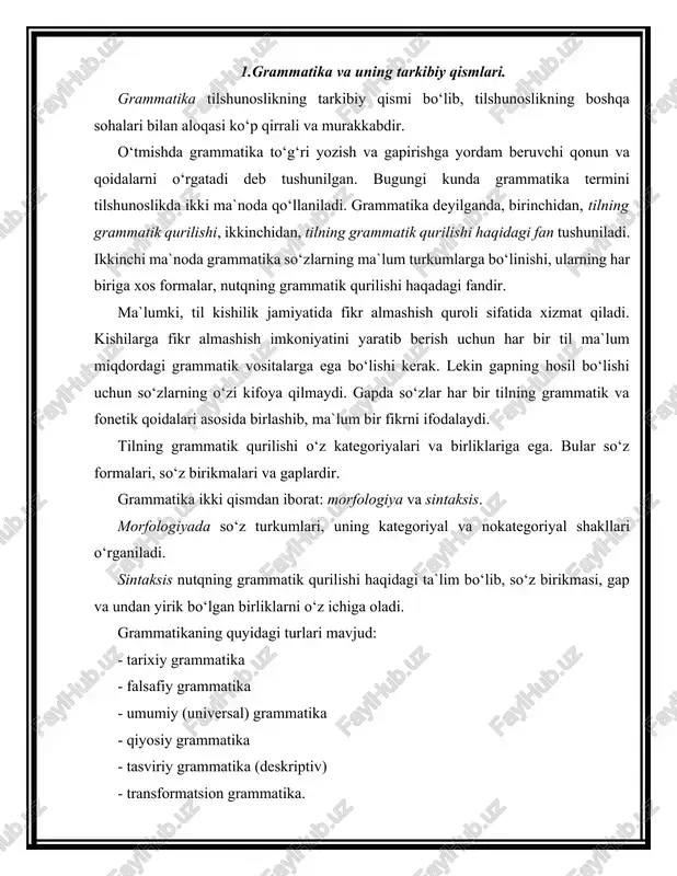 siy vazifasi til va tafakkur, logik va grammatik kategoriyalarning aloqa imkoniyatlarini o‘rganadi. umumiy grammatika qaysi til oilasiga mansub ekanligidan qat`iy nazar, hamma tillarga xos bo‘lgan umumiy xususiyat va qonuniyatlarni belgilaydi. qiyosiy grammatika tillarning grammatik tizimini bir-biri bilan taqqoslab, qiyoslab, ularga xos umumiy va xususiy belgilarni o‘rganadi. qiyosiy grammatika o‘z navbatida qiyosiy–tarixiy va tipologik–qiyosiy grammatikalarga bo‘linadi. rasmus rask (1787-1832) «qadimgi island tili va island tilining paydo bo‘lishi». ya.grimm «nemis tili grammatikasi»(1819). tasviriy (deskriptiv) grammatika biror konkret til grammatik qurilishining hozirgi (sinxron) holatini o‘rganadi. deskriptiv grammatikada til birliklari va ularning mohiyatini aniqlashda formal metodlardan foydalaniladi. deskriptiv grammatikada tilning qurilishini tahlil qilish jarayonida ma`no e`tiborga olinmaydi. struktural tilshunoslik tilning ichki qurilishi, til sistemasini tashkil etgan elementlarning orasidagi munosabatlar, oppozitsiyalarni o‘rganishga katta e`tibor beradi. struktural tilshunoslik tilni o‘rganishda va fanning predmetini belgilashda o‘ziga xos yangi oqimdir. til tizimini tadqiq qilishning ikki metodi mavjud: destributiv analiz metodi va tranformatsion analiz metodi. birinchi metod. l.blumfeld. »til», …