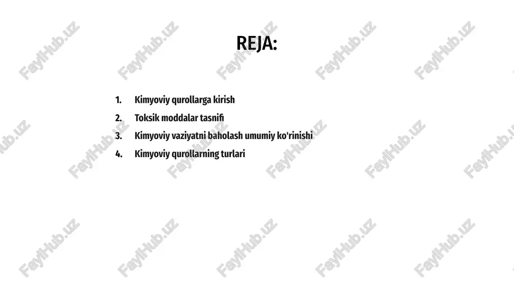 o'z ichiga oladi. bu jarayon jamoat xavfsizligi va favqulodda vaziyatlarni bartaraf etishni rejalashtirish uchun juda muhimdir. salavha kimyoviy qurollar asab agentlari, qabariq agentlari, bo'g'uvchi moddalar, qon agentlari va tartibsizliklarni nazorat qilish agentlari sifatida tasniflanadi. har bir tur inson tanasiga turli xil xavf va ta'sir ko'rsatadi. 1 kimyoviy vaziyatni baholash uchun kimyoviy qurol turlarini va ularning xususiyatlarini tushunish kerak. bu xavfsizlikni ta'minlash uchun tegishli javob va himoya choralarini aniqlashga yordam beradi. 3 kimyoviy qurollar ehtiyotkorlik bilan ishlatilmasa, jiddiy zarar va hatto o'limga olib kelishi mumkin. to'g'ri tayyorgarlik va tayyorgarlik kimyoviy qurol tahdidini samarali hal qilish va zararsizlantirishda muhim ahamiyatga ega. 2 xavfli kimyoviy moddalar toifalari a kimyoviy qurollar zaharli xususiyatlariga ko'ra turli toifalarga bo'linadi. zaharli moddalarni tushunish uchun ularning inson va atrof-muhitga potentsial zarari va ta'sirini bilish kerak. b kimyoviy vaziyatni baholash xavfli kimyoviy moddalarni identifikatsiyalash va ularni toifalarga ajratishni o'z ichiga oladi, ular xavf darajasini tushunish uchun. bu jarayon ofatlarning …