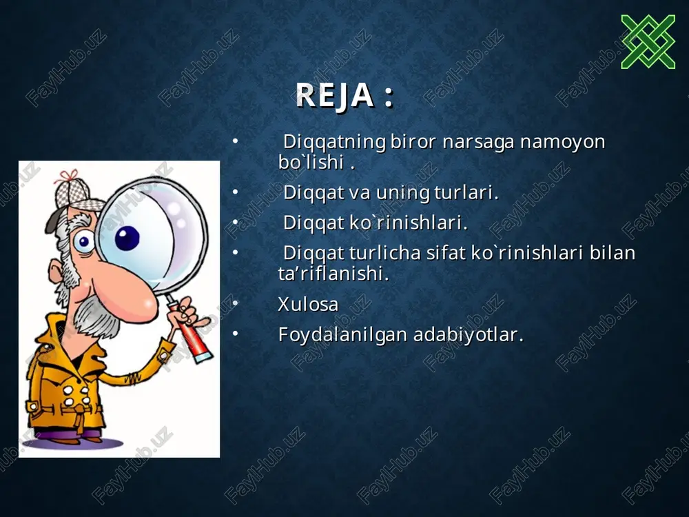 ayonlari kechishining eng muhim xususiyati uning tanlaydigan, yo'naltirilgan shakldaligidan iborat. tevarak atrofdagi olamning ko'plab ta'sirlari orasidan kishi hamisha nimanidir idrok etadi, nimanidir faraz qiladi, nima haqidadir fikr yuritadi, o'ylaydi. ongning bu xossasini uning diqqat kabi xususiyati bilan o'zaro bog'liq, deb hisoblaydilar. diqqat diqqat individning emotsional, aqliy yoki harakatlantiruvchi faolligi darajasining oshirilishini taqozo etadigan tarzda ongning yo'naltirilganligi va bir narsaga qaratilganligidir. diqqatni ma'lum obyektga qaratish uchun irodaviy kuch, g'ayrat sarflash zarurati ishga tushayotgan paytda, binobarin, qiyinchiliklar paydo bo'lganida, bilishga oid qiziqish susayganida va, shuningdek to'siqlar mavjud bo'lgan kezlarda aniq-ravshan namoyon bo'ladi. ixtiyorsiz diqqat kishining anglashilgan niyatlari va maqsadlaridan mustasno tarzda hosil bo'ladi va qo'llab-quvvatlanadi. ixtiyorsiz diqqatning paydo bo'lishi jismoniy, psixofiziologik va psixik omillar bilan belgilanadi. hosil bo'lish xususiyatiga va amal qilish usullariga ko'ra diqqat- ning ikkita asosiy turi mavjud: ixtiyorsiz diqqat; ixtiyoriy diqqat. ixtiyoriy diqqat ongli ravishda boshqariladigan va tartibga solina- digan diqqat-e'tibordir. ixtiyoriy diqqat ixtiyorsiz diqqat zamirida hosil bo'ladi. ixtiyoriy …
