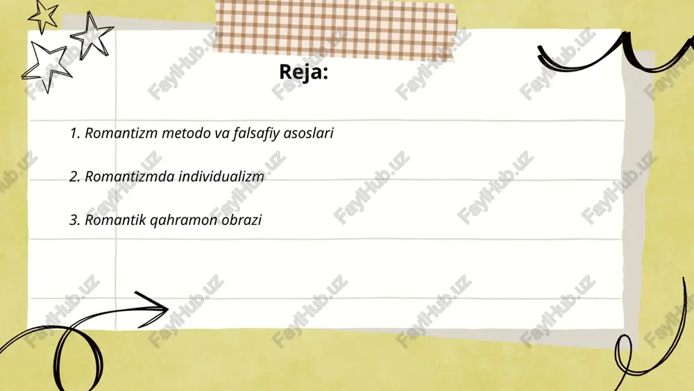 atishda yetakchi bo‘lganlar. ular ko‘pincha hissiyotli, mustaqil va idealistik xarakterga ega bo‘lishadi. bayronik qahramonlar ichki ziddiyatlar, sevgi va iztirobga to‘la hayot tarzi bilan ajralib turadi. shu bilan birga, bunday qahramonlar gohida jamiyat qoidalarini rad etishlari va individual o‘zlikni izlashlari bilan mashhur. romantik qahramonlar ko‘pincha adabiyotning oltin davrida yaratilib, jamiyatning o‘zgarishi va inson qalbining chuqur tadqiqini o‘z ichiga olgan. ... t.me/slaydai_bot tabiat va romantik metodlar adabiyotda va san’atda muhim o‘rin tutadi. romantizm xviii asr oxiri va xix asr boshida yevropada paydo bo‘lib, individualizm, emotion va tabiiy go‘zallikni ta’kidlaydi. ushbu uslubda asarlar ko‘pincha inson va tabiat o‘rtasidagi aloqalarni o‘rganadi. romantik adabiyotda tabiat obrazlari, tabiiy manzaralar va turli hiyla-nayranglar orqali hissiy kayfiyat yaratishga urg‘u beriladi. goethe, byron, va shelley kabi yozuvchilar ushbu yo‘nalishda taniqli asarlar yaratgan. tabiat romantik metodda shaxsiy tajribalar va tuyg‘ularni ifadolash uchun bir vosita sifatida xizmat qiladi. bu metod, shuningdek, ichki kechinmalar va ichki ziddiyatlarni ko‘rsatishda ham muhim rol o‘ynaydi. …