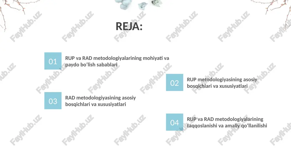 astlab yirik korporativ tizimlarni ishlab chiqish uchun yaratilgan va hozirgacha ko‘plab it-kompaniyalar tomonidan qo‘llanib kelmoqda. rad (rapid application development) esa 1980-yillarda james martin tomonidan ishlab chiqilgan. bu metodologiya o‘sha davrda keng tarqalgan “sharshara modeli”ning sekinligi va qat’iy ketma-ketligiga javoban paydo bo‘lgan. rad foydalanuvchi bilan bevosita hamkorlik qilish va dasturiy mahsulotni qisqa sikllarda ishlab chiqishga asoslangan yondashuvni taklif etadi. 02 rup metodologiyasining asosiy bosqichlari va xususiyatlari rup metodologiyasi iterativ va inkremental yondashuvga asoslanadi, ya’ni tizim bir necha marta takrorlanadigan kichik sikllar orqali asta-sekin to‘liq holatga keltiriladi. rup metodologiyasining asosiy xususiyati — bosqichma-bosqich rejalashtirish, rollarni aniq taqsimlash, uml diagrammalar yordamida loyihani vizuallashtirish va xavflarni erta aniqlash hisoblanadi.bu yondashuv loyiha davomida foydalanuvchi fikrlarini hisobga olish, tizimni bosqichma-bosqich yaxshilash imkonini beradi. bu yondashuv yirik, murakkab loyihalarda ishonchli natija olish imkonini beradi. rup (rational unified process) metodologiyasi rup jarayonining to‘rt bosqichi inception (boshlanish bosqichi) loyiha g‘oyasi shakllantiriladi. tizimning maqsadi, asosiy funksiyalari, foydalanuvchi ehtiyojlari va loyiha …