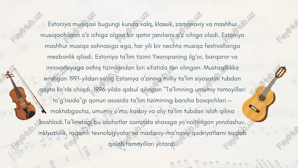 qilmoqdalar. estoniya madaniyatida musiqa o'ziga xos ijtimoiy-siyosiy va milliy o'ziga xoslikka ega jamiyat tomonidan qabul qilingan an'analarda ifodalangan ijodiy roldir. ishtirok etish qo'shiq festivallari va xalqaro musiqiy tadbirlar ijtimoiy birdamlikni yaratadiva madaniy o'ziga xoslikka ega bo’ladi. musiqani tushunish va qadrlash, ayniqsa, umumta'lim maktablarida tegishli tashkil etilgan o'qitishni talab qiladi. estoniyada musiqiy ta'lim - asrlar davomida lyuteran asosidagi xalq ta'limining ajralmas qismi bo'lib kelgan (rannap 1972, 1977. majburiy musiqa ta'limining to'liq sikli bolalar bog'chasida boshlanadi. va yuqori o'rta maktab bilan tugaydi, qaysi estoniya umumiy ta'lim maktablarida turli darajadagi ijtimoiylashtirish uchun dunyo va madaniyat kengroq rasm qabul barcha talabalarga beradi (zepp va boshq., 2019). bundan tashqari, deyarli musiqani his qilish qobiliyatlari olinadi, bu musiqiy oliy ma'lumotga olib kelishi mumkin. musiqiy ta'lim talabalarning fanlararo integratsiya bo'yicha umumiy ta'lim ko'nikmalarini rivojlantirish uchun yuqori salohiyatga ega (portovits va boshq., 2009). globallashuv nuqtai nazaridan o'zgaruvchan ijtimoiy-siyosiy va madaniy muhitda musiqa bilan bog'liq muammolarni mavjud milliy o'quv …