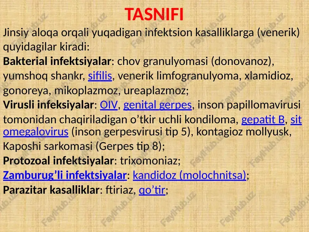 bi onkogen viruslarga qarshi vaktsina olish. tashxis tashxilash bemorni ko’rikdan o’tkazish, klinik alomatlarni aniqlash (siyish paytida og’riq, jinsiy az’olardan ajralma chiqishi), surtmalar olish va qon namunalarini tahlil qilish orqali amalga oshiriladi. ba’zi kasalliklarda (o’tkir uchli kondiloma) jismoniy alomatlar (og’riq, ajralma) umuman kuzatilmasligi mumkin. barcha instrumental tekshirish usullari xatolarga ega, shuning uchun tashxis odatda bir necha turdagi tadqiqotlarga asoslanadi. namunalar laboratoriya tahlilini o’rganish uchun quyidagi usullar qo’llaniladi: surtma mikroskopiyasi (to’g’ridan-to’g’ri va lyuminestsent); bakteriyalarni sun’iy o’stirish usuli (namunani ozuqa sirtiga surtish, keyin ularning dorilarga qarshiligini tahlil qilish); patogenga antigenlarni aniqlash (ift — immuno-ferment tahlillar va tif — to’g’ridan-to’g’ri immunoflyuorestsentsiya usullari yordamida); patogen dnksini aniqlash (pzr — polimeraza zanjiri reaktsiyasi usuli yordamida); qonda antitanalarni aniqlash (organizmning patogenga bo’lgan immunitetini). davolash va oldini olish jyykni davolash uchun infektsiya qo’zg’atuvchisiga qarab antibiotiklar, antivirus yoki antiparazitar vositalar qo’llaniladi. o’tkir qirrali kondilomalar radioto’lqin yoki boshqa usullar bilan yo’q qilinadi. genital gerpesni davolashda mahalliy terapiya qo’llaniladi. yagona va …