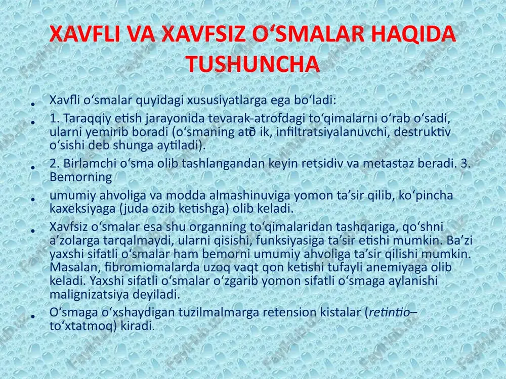 -bir qismining shikastlanishi hamda bachadondagi o‘zgarishlar natijasida, xususan, miometriyning giðerplaziyasi tufayli vujudga kelishi mumkin. k l i n i k a s i. ayrim hollarda bachadon miomasi hech qanday belgilarsiz kechadi, ayollarda shikoyatlar bo‘lmaydi, ammo profilaktika maqsadida ayol tekshirilganda aniqlanadi. 60–80% hollarda asosiy belgilardan biri bemorda qon ketishi hisoblanadi. qon ketishi alomatlari turli bemorlarda turlicha kechadi. ba’zilarida hayz sikli uzayishi yoki hayz vaqtida qon miqdorining biroz ko‘payishi – menorragiya kuzatilsa, ba’zilarda tartibsiz, juda ko‘p to‘xtovsiz qon ketib, og‘ir turdagi kamqonlik kasalligiga sabab bo‘lishi mumkin. hayz 10–12 kungacha davom etib, juda ko‘p miqdorda qon ketadi, bunga giðerpolimenoreya deyiladi. miomalarda ko‘p uchraydigan belgilardan yana biri og‘riqdir. og‘riq xuddi dard tutganga, sanchiqqa o‘xshash bo‘lib, ayniqsa hayz ko‘rishdan oldin va hayz ko‘rish vaqtida kuchayadi, pastga tortganga o‘xshab zo‘rayishi yallig‘lanishdan keyingi bitishmalar borligidan darak beradigan belgi hisoblanadi. d a v o s i. miomasi bo‘lgan hamma ayollar dastlab umumiy davolanadilar, konservativ davolash usuli samara bermasa, …