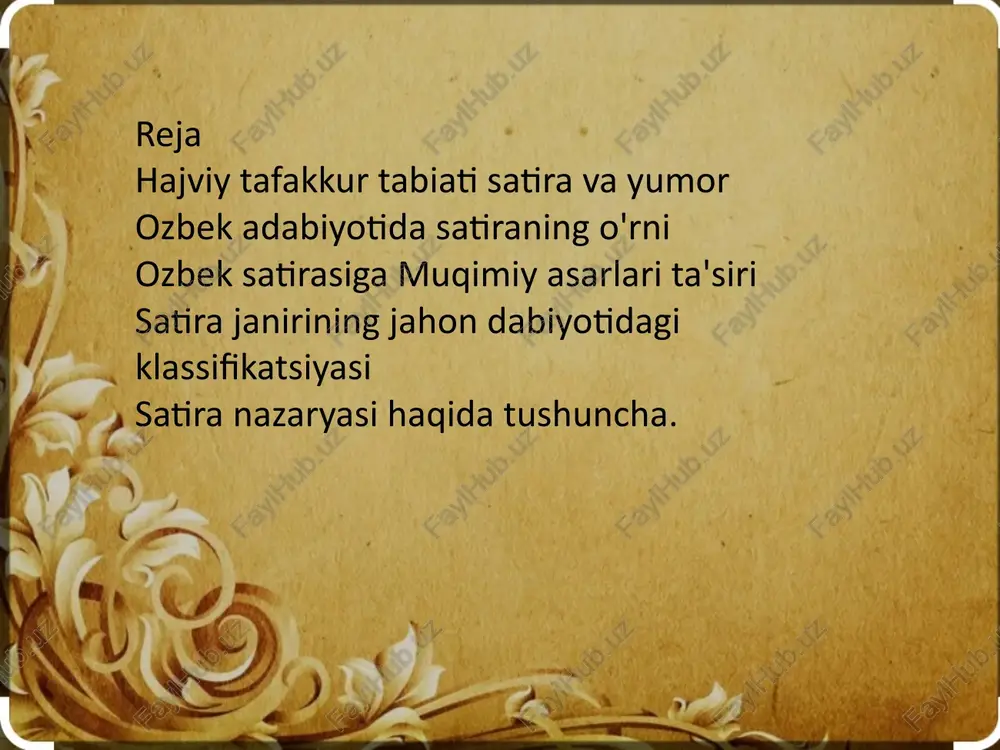 taraqqiy etgan. navoiy, turdi, maxmur, gulxaniy, hoziq, muqimiy, zavqiylar satira janrida ijod qildilar. satiraning keyingi taraqqiyoti hamza, qodiriy, gʻozi yunus, soʻfizoda, gʻafur gʻulom, abdulla qahhor, said ahmad, n. aminov, s. siyoyev va boshqa nomi bilan bogʻliq. muqimiy dunyoqarashi va intilishlari bilan muhit oʻrtasidagi ziddiyat uning ijodida tanqidiy yoʻnalishni maydonga keltirgan. bu uning xajviyotida koʻproq aks etgan. hajviyoti mazmunan satira va yumorga boʻlinadi. satiralarida chor amaldorlari, ayrim mahalliy boylarning kirdikorlari ochib tashlangan („tanobchilar“, „toʻy“, „moskovchi boy taʼrifida“, „hajvi viktor boy“, „voqeai viktor“ va boshqalar)- „saylov (adabiyot)“, „dar mazammati zamona“ va boshqalarda oʻlkaga kirib kelayotgan kapitalistik va gʻayriaxloqiy munosabatlar hamda ularning oqibatlari koʻrsatilgan. baʼzan, oʻsha davrdagi hukmron qarashlarga ergashib, dukchi eshon haqida ham hajviy asarlar yozgan („hajvi halifai mingtepa“). ot, arava, loy, pashsha, bezgak kabi mavzularda 30 ga yaqin hajviy asar yaratgan. ularda shoir turmushning qoloq va chirkin tomonlari, ijtimoiy ongdagi nuqsonlar ustidan kulgan, mustamlakachilik azobi, harobalikni zaharxandalik bilan tasvirlagan („devonamen“, „koʻsamen“ …