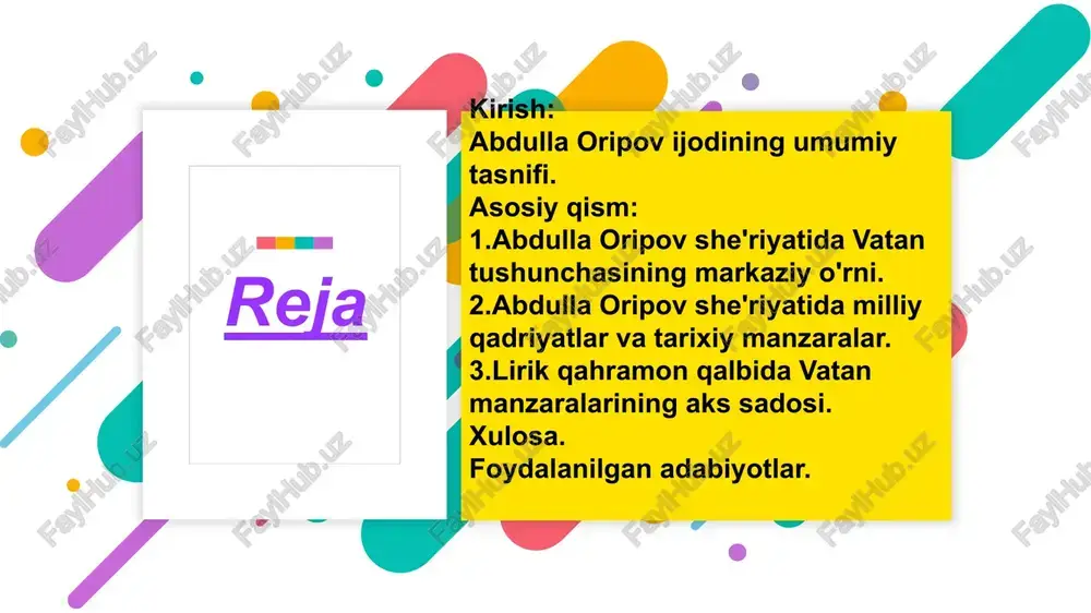 vning ijodi o‘zbek adabiyoti tarixida chuqur iz qoldirib, avlodlar uchun ibrat va ma’naviyat manbai bo‘lib qoladi. abdulla oripov she'riyati o‘zbek adabiyotida alohida mavqega ega bo‘lib, unda vatan tushunchasi markaziy mavzu sifatida ko‘tariladi. shoir o‘z ijodida vatanga bo‘lgan cheksiz muhabbat, sadoqat, faxr va uni asrab-avaylashga da’vatni o‘ziga xos poetik ifoda vositalari orqali tasvirlagan. vatan tushunchasining mohiyati abdulla oripov uchun vatan – bu nafaqat geografik hudud, balki insonning ruhiy va ma’naviy dunyosini shakllantiruvchi manba, ota-bobolarimizning merosi, muqaddas maskan. uning she’rlarida vatan mavzusi keng qamrovli bo‘lib, tarix, millat taqdiri, odamlarning o‘zaro munosabatlari va insoniy qadriyatlar bilan chambarchas bog‘liq. asarlaridagi ifoda vositalari abdulla oripovning she’riyati tasvir vositalarining boyligi bilan ajralib turadi. u metafora, qiyos, tashbeh va ramzlardan foydalanib, vatanni ona, oila, tuproq, daraxt kabi tabiat unsurlari bilan qiyoslaydi. masalan, uning quyidagi satrlarini eslash mumkin: > ona yurtdan yiroq o‘tgan har onim, har nafasi bir azobdek qoladi. bu satrlarda sho‘ro davrining ta’sirida chetga ketgan yoki …