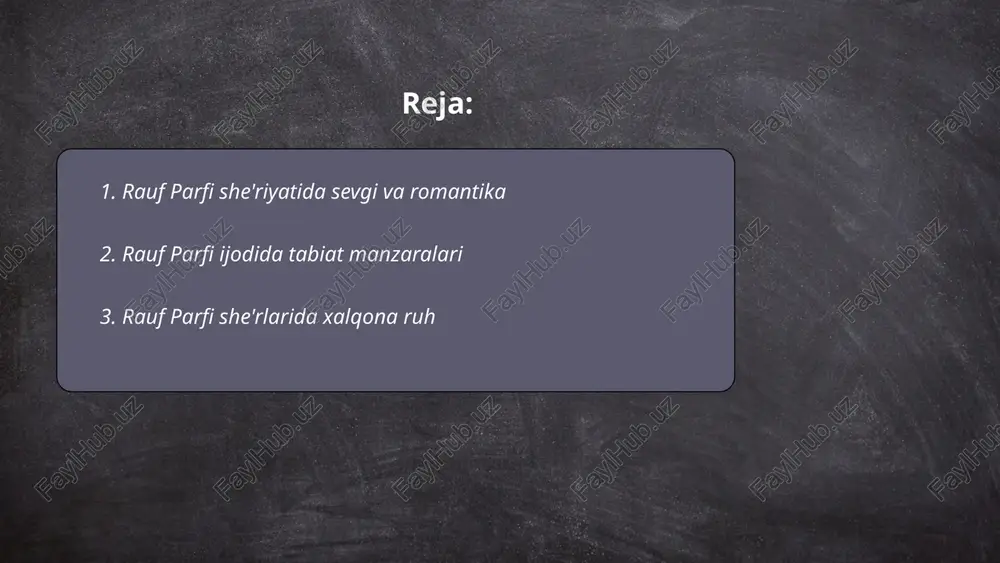 adi. parfiy talantining noyobligi xalq dardini, shodligini va orzu-umidlarini chuqur his eta olishi va ularni o'ziga xos badiiy shaklda ifoda etishida ko'rinadi. uning she'rlarida xalqning ichki tuyg'ulari, tabiiy va samimiy his-tuyg'ulari yuksak she'riy mahorat bilan tasvirlangan bo'lib, ular bugungi kunda ham o'quvchilar orasida katta qiziqish uyg'otadi. shu jihatdan, rauf parfi o'zbek she'riyatida muhim o'rin tutadi. ... t.me/slaydai_bot rauf parfi poetikasida badiiy obrazlar yaratish o'ziga xos texnikalar va uslublar orqali namoyon bo'ladi. uning asarlarida obrazlar ko'pincha tasavvur va hissiyotlar uyg'unligida gavdalanadi. parfi zamonaviy o'zbek poeziyasida abstraktsiyaga oid jihatlar va simbolik obrazlarni rivojlantirgan. she'rlarida tabiat manzaralari, inson kechinmalari va mistik elementlar bir-birini to'ldiradi. 1980-yillarda yozilgan asarlarida tarixiy va milliy mavzudagi obrazlar ham ko'zga tashlanadi. uning she'rlari o'qigan kitobxonning tafakkurini boyitadi, ularni chuqur qiyoslash va mulohaza qilishga undaydi. rauf parfi tadqiqotlarida obrazlar tizimini o'rganish muhimdir, chunki ular o'zbek adabiyotida yangi usullarni yoritgan. ... t.me/slaydai_bot rauf parfi o'zbek adabiyotining muhim vakillaridan biri hisoblanadi. uning …