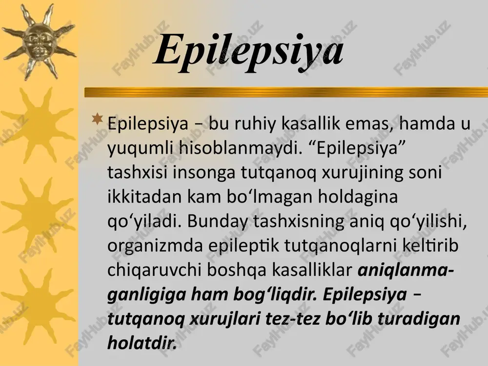 70% holatda kuzatiladi auraniug hamma aniq ko'rinishlarini ko'rsatib o’tish imkoni yo'q. ba’zi kasallar qorinda paydo bo'lgan kuchlanish, boshqalari hech qachon his qilmagan huzur - halovat. aura murakkab ko'z, eshitish va boshqa gallyutsianator kechinmalar, gavdaning tuzilishidagi asabiylashish sezadi. aura sifatida murakkab ruhiy zo'riqish holatida, ya’ni avvaldan ko'ringandan hayajonlanish yoki “hech qachon ko'rinmaganning takrorlanishidan tashvishlanib takrorlanish mumkin. tonik faza auradan keyin tutqanoqning tonik fazasi keladi. u to'liq hushidan ketish, boshlang’ich qichqiriq, ya’ni tutqanoq tutishdan oldin havo nafas yo’lini qisqartiradi. kasal odatda, oldingi tomonga yiqiladi ko’pincha jarohatlanadi, biron a’zosi sinadi yoki chiqadi. bosh orqaga qayriladi , ko’z katta ochilgan, nazari harakatsiz. gavdasi kuchlanishli, qo’l banmoqlari mushti tugilgan bo'ladi. dastlabki oqarish sianoz bilan almashadi. tonik faza 10-30 sekund davom etganidan keyin 1-2 minut klonik faza keladi. u gavda qismi va a’zolari-ning ketma-ket bukilib yoki yozilib turishi, nafas yo’lida xirillash va boshqa ko’rinishlarda bo'ladi. klonik faza klonik bosqich tirishish bilan nafas olishdan boshlanadi, bunda yuz …