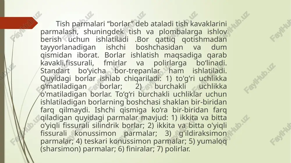 adi, aylanish tezligi 2000—20000 yoki 200—5000 ayl/daqiqa tashkil etadi. borlarning sifatini tekshirishda ularning mustahkamligi va kesish qobiliyati sinaladi. borlarning kesish qobiliyati maxsus asbobda shishatekstolit plastinasini parm alash yo'li orqali tekshiriladi. borlar maxsus m oylar bilan surtilib, 5 karrali qadoqlanib, plastmassa qutilarga joylanadi. metall borlardan tashqari olmos borlar ham chiqariladi: yumaloq, konussimon, teskari konussimon, silindrik, diskli va boshqalar. ular asbobbop u10a yoki u12 rusumli po'latdan tayyorlanib, bo`sh chasiga galvanik usulda olm os kukuni yopishtiriladi. olmos borlar bilan chinni tishlarga ishlov beriladi tish kovagiga ishlov berish asboblari drilborlar tish kovagini kengaytirish uchun ishlatiladi; ular diametriga qarab 5ta o'lchamda chiqariladi. qadoqlanishda plastmassa qutilarga 10 yoki 16 dan joylanadi. pulpoekstraktorlar alohida elastik simdan tayyorlanib, tish kanalidan ildiz pulpasi (nerv)ni olib tashlash uchun ishlatiladi. pulpoekstraktoming uchida o'yiqlari bo'lib, prujina simidan 5 xili tayyorlanadi. ildiz ignalari tish kanaliga dori qo'yishga ishlatiladigan qirrali ignalardir. ular ishchi qismi to'rt qirrali bo'lishi bilan pulpoekstraktordan farq qiladi. ular prujina simdan …