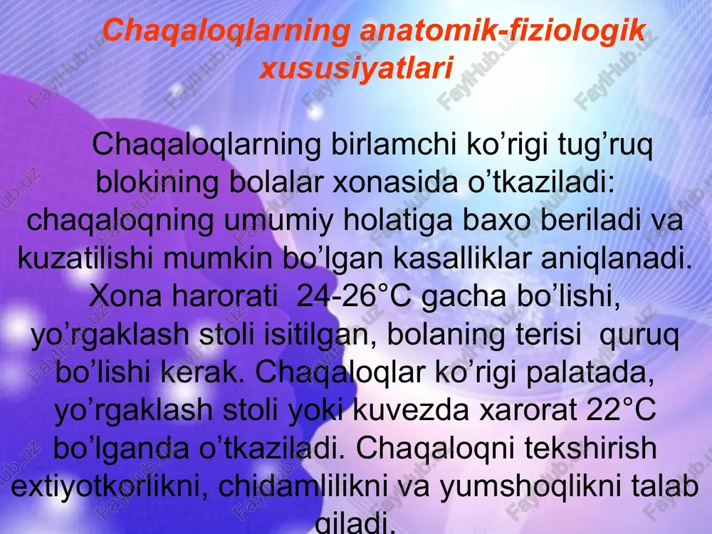 'rtacha vazni o'g'il bolalarda 390 g (340 - 430 g), qiz bolalarda 355 g (330-370 g), ya'ni tananing 12-13% qismini tashkil qiladi (kattalarda 2,5%). bola tug'ilgandan keyin bosh miyaning rivojlanishi tugallanmaydi. miyaning katta yarim sharlari yoshga xos xususiyatga ega: egatlar, kichik balandlik va chuqurlikga ega bo'lgan yirik bursharlardan tashkil topgan. mayda bursharlar oz, ularning soni bola hayotining birinchi oylarida ko'payadi. bola hayotining birinchi kunidanoq barcha sezgi organlari faoliyat korsatadi. chaqaloqlarda reaksiyalar nodifferensial xarakterga egaligi va generalizasiyaga moyilligi bilan xarakterlanadi. u yo’ki bu reseptorlar qo'zg'alishi, lokal emas, balki tarqoq reaksiyalarni chaqiradi. bolalarda miya, kattalarga nisbatan yaxshi qon bilan ta'minlanadi, bu kapillyar to'rning boyligi bilan tushintiriladi. miyaning to'liq qon bilan ta'minlanishi, tez o'sayotgan nerv to'qimasining kislorodga bo'lgan yuqori talabini ta'minlaydi. chaqaloqlar terisining o'ziga xos xususiyatlaridan biri bu ko’p miqdordagi kapillyalardan iborat qon tomirlar hisoblanadi, u teriga dastlab yorqin, so’ng och-pushti rang beradi. yog’ bezlari homila ichi davrida o'z funksiyasini boshlaydi va hayotining …