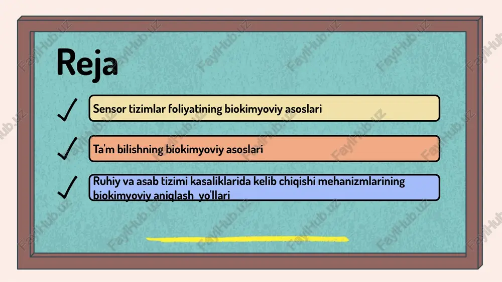 ular signalni miya markazlariga yetkazib, ta'm tuyg'usini shakllantiradi. shuningdek, ta'm va ovqatlanish o'rtasida bog‘liqlik mavjud. ta'm bilishning biokimyoviy asoslari ta'm bilish jarayoni va uning biokimyoviy asoslari: ta'm retseptorlari til papillalarida joylashgan, kimyoviy moddalarni tanib oladi. shirin, tuzli, achchiq, kislota va umami kabi retseptorlar mavjud. kimyoviy moddalar: shakar, tuz, kislotalar, glutamat ta'mni uyg'otadi. nerv tizimida ta'm signal yuboriladi va ovqat hazm qilishda muhim rol o'ynaydi. ruhiy kasalliklar va biokimyoviy mexanizmlar ruhiy kasalliklar: ta'rifi va turlari ruhiy kasalliklar — psixologik va biokimyoviy muammolar natijasida yuzaga keladigan holatlar. masalan, depressiya va shizofreniya. ushbu kasalliklar miyada kimyoviy o'zgarishlarga olib keladi, neurotransmitterlar buzilishi bilan bog'liq bo'lishi mumkin. biokimyoviy mexanizmlar: tushunchalar biokimyoviy mexanizmlar — miyada kimyoviy reaksiyalar va neurotransmitterlar bilan bog'liq jarayonlar. ular kasalliklarning rivojlanishida muhim rol o'ynaydi. masalan, serotonin darajasining pasayishi depressiya bilan bog'liq bo‘lib, farmakologik vositalar bilan boshqariladi. asab tizimi kasalliklarida biokimyoviy aniqlash asab tizimi kasalliklarida neurodegenerativ jarayonlar, masalan parkinson va alzheimer kasalliklarida, biokimyoviy …