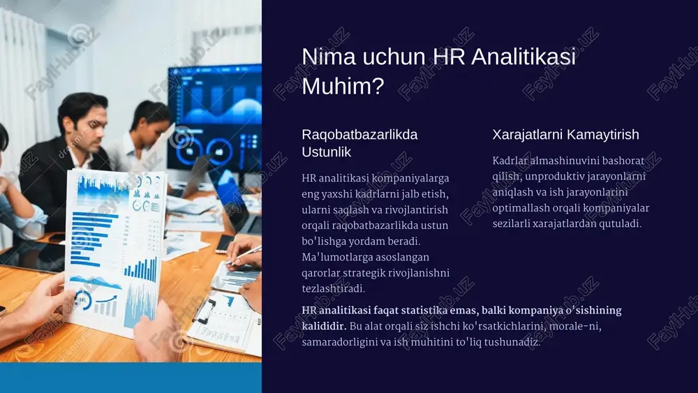 tkichlariga ta'sirlari ma'lumotlarga asoslangan yondashuvning natijasi: kadrlar qo'pollanishi kamayadi, xodim behalligi oshadi va kompanya o'sish tezligi tezlashadi. 1.7.2013 4 ‹#› asosiy hr ko'rsatkichlari (kpi'lar) har bir kompaniya o'zining kpi'larini belgilashi kerak, ammo asosiy metrikalari quyidagilardir: 1 kadrlar almashinuvi yilligi ishdan ketayotganlar foizi - bu kompaniyani tashlab ketayotgan xodimlar miqdorini ko'rsatadi 2 ishlash xarajatlari bir xodimni ishga olib qolish uchun sarflangan pul - kadrlar jalbi strategiyasining samaradorligi 3 behalliq indeksi xodim yoqtirish va ishda qolish shaxar - muammo xodimlar shoshqaloq tusunadir 4 tez ishga qo'yish vaqti yangi xodimni to'liq ishga tayyor bo'lish uchun ketgan vaqt - kadrlar onboarding jarayonining samaradorligi 1.7.2013 5 ‹#› analitik vositalar va texnologiyalar zamonaviy hr analitikasini amalga oshirish uchun turli xil vositalar mavjud: 1 hr boshqaruvi tizimi (hrms) kadrlar ma'lumotlarini markazlashtirib saqlash va tahlil qilish uchun - sap successfactors, workday, bamboohr 2 biz analitikasi platformalari murakkab ma'lumotlarni vizualizatsiya qilish - tableau, power bi, qlik - hr ma'lumotlarini …