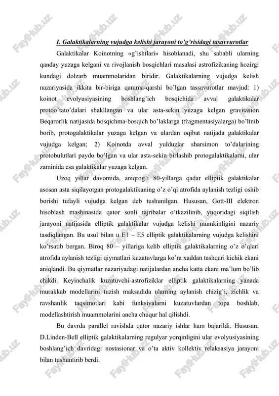 chlik va ravshanlik taqsimotlari kabi funksiyalarni kuzatuvlardan topa boshlab, modellashtirish muammolarini ancha chuqur hal qilishdi. bu davrda parallel ravishda qator nazariy ishlar ham bajarildi. hususan, d.linden-bell elliptik galaktikalarning regulyar yorqinligini ular evolyusiyasining boshlang’ich davridagi nostasionar va o’ta aktiv kollektiv relaksasiya jarayoni bilan tushuntirib berdi. galaktikamizda yulduzlararo muhit va yulduzlar moddasining umumiy mikdorlari nisbati vaqt o’tishi bilan o’zgarib turadi, chunki yulduzlararo diffuz muhitdan yulduzlar paydo bo’ladi va ular o’zlarining evolyusiyalari oxirida oq karliklar hamda neytron yulduzlarga aylanishlari natijasida muhitini ma’lum bir qismlarini yana yulduzlararo muhitga chiqazib yuboradilar. shu yo’sinda galaktikamizdagi yulduzlararo muhit miqdori vaqt o’tishi bilan kamayib borishi kerak. xuddi shunday hol boshqa galaktikalarda ham kuzatiladi. yulduzlar qarida modda qayta ishlanishi natijasida galaktikamiz geliy va og’ir elementlar bilan boyib borgan, buning oqibatida uning kimyoviy tarkibi vaqt o’tishi bilan o’zgarib boradi. galaktika asosan vodorod gazidan iborat bulutdan yuzaga kelgan deb taxmin qilinadi. hattoki, bu bulutda vodorodan tashqari boshqa element bo’lmagan deb ham …