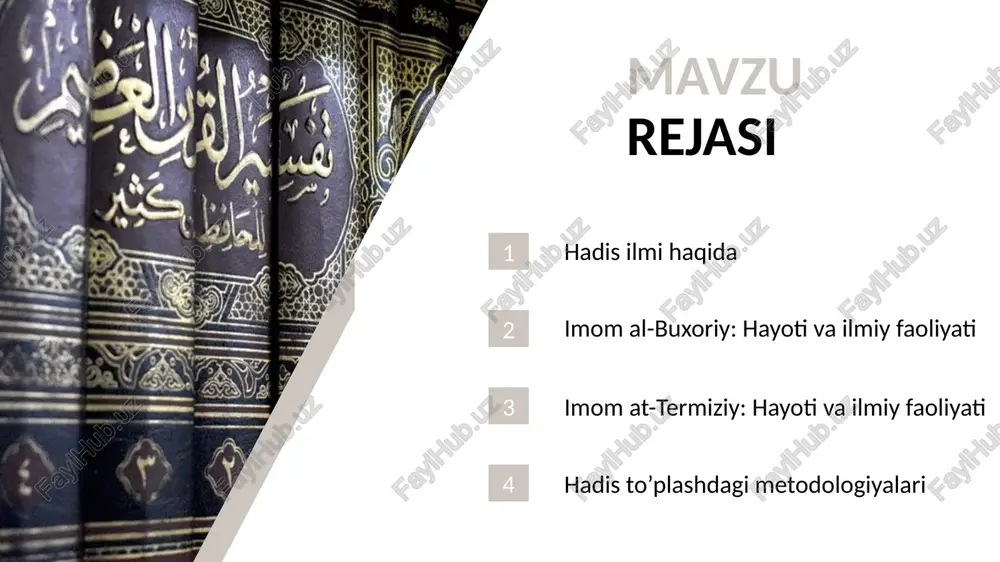 uxoriy: hayoti va ilmiy faoliyati imom al-buxoriy - islom olamining eng buyuk muhaddislaridan biri bo‘lib, u hadis ilmining rivojlanishiga ulkan hissa qo‘shgan. to‘liq ismi muhammad ibn ismoil al-buxoriy bo‘lib, u buxoro shahrida tug‘ilgan. imom buxoriy yoshlik chog‘larida hadislarni o‘rganishga katta qiziqish bildirgan va ilm izlab turli yurtlarga sayohat qilgan. u butun hayoti davomida hadislarni to‘plash bilan shug‘ullangan va minglab hadislarni yig‘ib, ularni ishonchlilik darajasiga ko‘ra tasniflagan. uning eng mashhur asari "sahih al-buxoriy" bo‘lib, bu kitob islom olamida qur'ondan keyin eng ishonchli manba hisoblanadi. u hadislarni yig‘ishda va tasniflashda juda qat'iy mezonlarga amal qilgan va faqat sahih hadislarni qabul qilgan. al-adab al-mufrad (odob-axloq qoidalari) bu kitob payg’ambarimizning axloqiy odob va axloqiy masalalarga oid hadislarni to’plagan. at-tarix al-kabir (katta tarix) bu kitob raviylarning hayoti va ishonchlilik darajalarini bayon qiluvchi biografik ensiklopediya hisoblanadi. at-tarix as-sag’ir (kichik tarix) imom buxoriyning qisqaroq tarixiy kitobi bo’lib, unda ayrim raviylar va tarixiy shaxslar haqida qisqacha ma’lumotlar jamlangan. …
