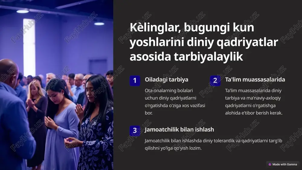 atlar ruhida tarbiyalash va ularga to'g'ri yo'l-yo'riq berish. jamoatchilik bilan ishlash jamoatchilik bilan ishlashda diniy tolerantlik va ma'naviy-axloqiy qadriyatlarni targ'ib qilish. diniy bayramlar, marosimlar va ularning yoshlar tarbiyasidagi o'rni bayramlar tarbiya ramazon hayiti saxovat, mehribonlik, o'zaro yordamlashish. qurbon hayiti qurbanlik, xayriya, qanoat, mehmondo'stlik. navro'z yangi yil, yangilanish, oila va do'stlik. diniy qadriyatlarni zamon talablari bilan muvofiqlashtirish diniy qadriyatlarni tushunish yoshlarga diniy qadriyatlarni tushuntirish va ularning mohiyatini ochib berish. zamonaviy hayot bilan bog'lash diniy qadriyatlarni zamonaviy hayotga moslashtirish va ularni amaliyotga tatbiq qilishni o'rgatish. tinchliksevarlik yoshlarni tinchliksevarlik ruhida tarbiyalash va turli madaniyat va dinlarga hurmat bilan qarashni o'rgatish. ota-onalarning diniy tarbiya jarayonidagi o'rni o'rnak bo'lish ota-onalar o'zlari diniy qadriyatlarga amal qilib, farzandlariga o'rnak bo'lishlari kerak. muloqot ota-onalar farzandlari bilan diniy mavzular haqida ochiq muloqot qilishlari va ularga tushuntirish berishlari kerak. xulosa va tavsiyalar hozirgi zamon yoshlarini diniy tolerantlik ruhida tarbiyalash jamiyatimiz kelajagi uchun juda muhimdir. bu jarayonda ota-onalar, ta'lim muassasalari va …