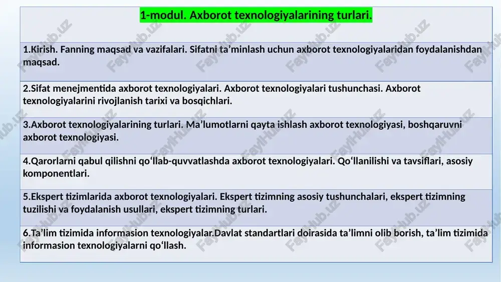 i xujjatlarini yaratish. 1 – ma’ruza kirish. sifatni ta’minlash uchun axborot texnologiyalaridan foydalanish ishdan maqsad: fanning maqsad va vazifalari. sifatni ta’minlash uchun axborot texnologiyalaridan foydalanish. tayanch so‘zlar: axborot jarayonlari, axborot almashinuvi, axborot texnologiyasi, axborot tizimi. respublikamizda ayniqsa so‘nggi yillarda axborot texnologiyalariga juda katta e’tibor qaratilmoqda. bu borada o‘zbekiston respublikasining “axboratlashtirish to‘g‘risidagi”, “elektron tijorat to‘g‘risida”gi qonunlari qabul qilinganligi, o‘zbekiston respublikasi prezidentining “kompyuterlashtirishni yanada rivojlantirish va axborot-komunikatsiya texnologiyalarini joriy etish to‘g‘risida”gi farmoni, o‘zbekiston respublikasi prezidentining “o‘zbekiston respublikasining jamoat ta’lim axborot tarmog‘i ziyonetni tashkil etish to‘g‘risida”gi qarori bunga yaqqol misol bo‘la oladi. axborot atamasi lotincha so‘z bo'lib, xabardorlik, biror hodisa yoki biror kishi faoliyati haqida xabarga ega bo'lish ma’nosini bildiradi. axborot menejment tizimiga uni rivojlantirish va takomillashtirish maqsadida faol ta’sir etish uchun zarur ma’lumotlar yig‘indisidan iboratdir. yetarli va aniq axborotga ega bo‘lmay boshqaruvni tashkil etish mumkin emas. menejment tizimlarida axborot texnologiyalari axboroti boshqaruvchi va boshqariluvchi tizimlar o‘rtasidagi aloqa usulidir. boshqaruvchi tizim boshqariladigan tizimdan …
