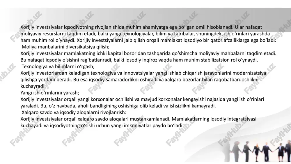 tuzilmasi (yo‘llar, aeroportlar, energetika, kommunikatsiyalar va boshqalar) rivojlanadi. bu esa nafaqat iqtisodiy o‘sishni rag‘batlantiradi, balki mamlakatni yanada jozibador qiladi. iqtisodiy barqarorlik va raqobatni kuchaytirish; xorijiy investitsiyalar lokal bozorni diversifikatsiya qilib, yangi o‘yinchilarni jalb etadi, bu esa ichki bozorni raqobatbardosh qiladi va iste’molchilar uchun yaxshiroq narxlar va sifatni ta’minlaydi. davlat byudjetiga qo‘shimcha daromadlar; xorijiy investorlar soliq to‘lovlari va boshqa to‘lovlar orqali davlat byudjetiga qo‘shimcha daromadlar keltiradi. bu davlatni ijtimoiy sohalarga, infratuzilmani yaxshilash va boshqa muhim loyihalarga mablag‘ ajratishda qo‘llab-quvvatlaydi. samarali resurslarni taqsimlash; xorijiy investitsiyalar iqtisodiyotda resurslarni samarali taqsimlashni ta’minlaydi, chunki xorijiy investorlar o‘z investitsiyalarini eng yuqori rentabellikka ega bo‘lgan sohalarga yo‘naltiradilar. xorijiy investitsiyalar iqtisodiyotning rivojlanishida muhim o‘rin tutadi, chunki ular mamlakatning iqtisodiy barqarorligini ta’minlash, yangi ish o‘rinlarini yaratish va texnologiyalarni jalb qilish imkonini beradi. ushbu mavzuning bugungi kundagi dolzarbligi bir nechta omillar bilan izohlanadi: moliyaviy resurslarni jalb qilish: xorijiy investitsiyalar orqali iqtisodiyotning muhim tarmoqlariga qo‘shimcha kapital kiritiladi. bu mahalliy moliyaviy imkoniyatlar …