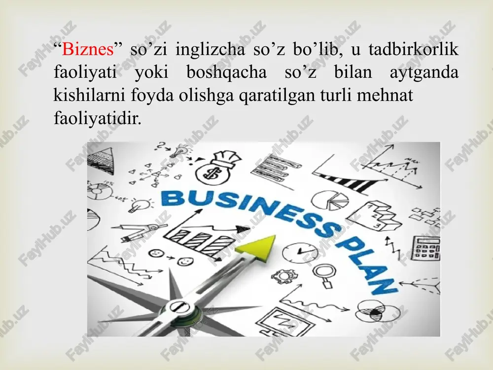 di. nisbatan ustunlik  biznes nima? biznes - jamiyatdagi muommolarni hal qilish orqali foyda topish imkoniyati. muommo bor - ushbu muommoni qandaydir foyda evaziga(albatta qonun doirasida) hal qila oladigan tadbirkor bor. biznes - bu doimiy ravishda o'z ustida ishlash, rivojlanish. biznes - bu o'ylash, tafakkur qilish. shu orqali yon-atrofdagi imkoniyatlarni ko'ra olish. biznes - bu doimiy harakat, oldinga yurish. biznes - jamiyat, davlat so'roviga javob berish. muommo bor - uni hal qilish kerak. talab bor - uni qondirish kerak. biznes - bu doimiy ravishda tajribalar qilish, uni natijasi foyda bo'lishi mumkin, uni natijasi ziyon bo'lishi mumkin. biznes - bu biron bir yangilik qilish jarayoniga o'zini baxshiyda qilish. biznes - imkoniyatlardan foylanishdan qo'rqmaslik va buni evaziga mukofot olish. biznes - bu insonning yashash tarzi. biznes - bu insondagi ba'zi sifatlar to'plami: aql, kreativlik, maqsadga intiluvchanlik. biznes - bu foyda = daromadlar - xarajatlar. shu birgina formula orqali biznes va biznes yuritishni …