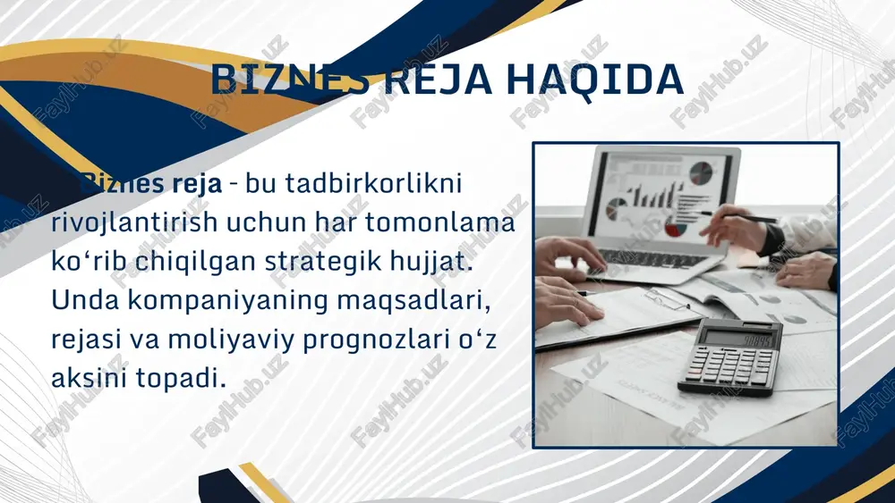 • har bir tort uchun qadoq (o‘rtacha 10,000 so‘m): 120 × 10,000 = 1,200,000 so‘m kommunal to‘lovlar: • elektr energiyasi, gaz va suv: 700,000 so‘m marketing: • reklama va mahsulot fotosuratlari: 1,000,000 so‘m boshlang'ich harajatlar moliyaviy reja daromadlar: • oylik ishlab chiqarish: 120 dona tort • o‘rtacha narx: 120,000 so‘m • jami daromad: 120 × 120,000 = 14,400,000 so‘m - jami daromad: 14,400,000 so‘m - jami xarajatlar: 5,900,000 so‘m - oylik sof foyda: 8,500,000 so‘m umumiy xarajatlar: • mahsulotlar: 3,000,000 so‘m • qadoqlash: 1,200,000 so‘m • kommunal to‘lovlar: 700,000 so‘m • marketing: 1,000,000 so‘m • jami xarajatlar: 5,900,000 so‘m loyiha bajarilish jadvali marketing boshlash: ijtimoiy tarmoqlarda faol sahifa yaratish. kerakli mahsulotlar va qadoqlash materiallarini sotib olish. birinchi buyurtmalarni qabul qilish va ishlab chiqarishni boshlash. sotuvlar tahlili, mijoz fikrlarini o‘rganish va takomillashtirish. tahlil asosida marketingni kengaytirish va xarajatlarni optimallashtirish. 1 - hafta 2 - hafta 3 - hafta 4 - hafta …