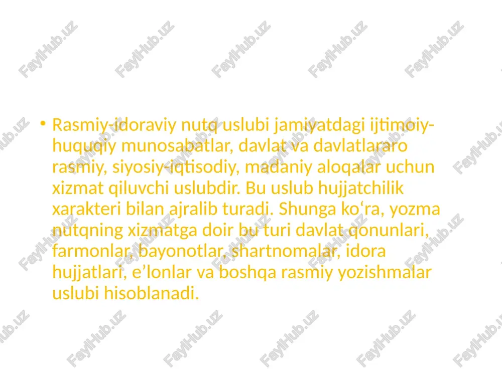 shni unutmang: - bosma harflarda yoziladigan hujjat nomida barcha harflar katta harflar bilan yozilishi kerak. masalan: tavsiyanoma emas, tavsiyanoma kabi; - hujjat yuboriladigan muassasaning nomi qisqartirilmasdan to’liq, bosh harflar bilan yozilish qoidalariga amal qilgan holda yoziladi hujjat matnining asosiy qismlari xatboshi bilan yozilishi lozim. qo‘shimcha qismlar asosiy fikrga bog‘langan tarzda undan so‘ng beriladi; - shaxsiy hujjatlarda izohlanayotgan «men» so‘zidan va izoh so‘z birikmasidan so‘ng vergul qo‘yiladi. masalan: men, mahmud qodirov, ... hujjat tayyorlash va ish yuritishda imlo me’yorlariga va tinish belgilarining to‘g‘ri qo‘yilishiga qat’iy amai qilish lozim. hujjat matnida vergul, nuqtali vergul, ikki nuqta, qavs, tire nisbatan faol ishlatiladi. unutmangki, hujjat nomi va matn sarlavhasidan keyin nuqta qo‘yilmaydi. vergul hujjat matnida qoliplangan kirish birikmalaridan so‘ng, uyushiq va ajratilgan bo‘laklar, orasida, izohlovchi bilan izohlanmish o‘rtasida qo‘llanadi. yozma nutqning rasmiy uslubida, asosan, quyidagi munosabatlar doirasidagi hujjatlar tuziladi: 1. huquqiy munosabatlarga oid: qonun fuqarolik va jinoyat aktlari, nizom, shartnoma va boshqalar. 2. idoraviy-ma’muriy …