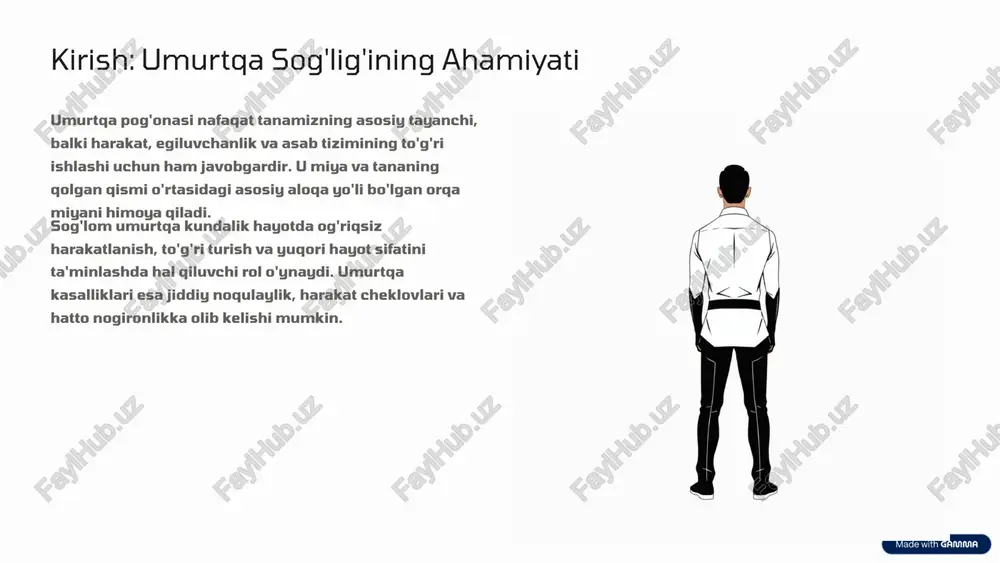. og'ir yuklamalar: sport yoki kasbiy faoliyatdagi doimiy og'ir yuklamalar. spondiloz sekin rivojlanadi, ko'pincha dastlab hech qanday alomatlar namoyon qilmaydi. keyinchalik harakat bilan kuchayadigan lokal og'riq va qattiqlik paydo bo'lishi mumkin. 4 spondiloartroz: bo'g'imlar zararlanishi spondiloartroz umurtqa pog'onasining yuzaki (facet) bo'g'imlarining yallig'lanishi va degenerativ o'zgarishi bo'lib, bu bo'g'imlar umurtqalarni bir-biriga bog'laydi va ularning harakatini ta'minlaydi. bu kasallik ko'pincha osteoxondroz va spondiloz bilan birga kechadi. lokal og'riq: zararlangan bo'g'im sohasida, ko'pincha ertalab yoki uzoq harakatsizlikdan keyin kuchayadigan og'riq. qattiqlik: bo'g'imlarda harakat cheklovlari, ayniqsa ertalab. asab siqilishi: og'ir holatlarda asab ildizlari siqilishi natijasida uyquchanlik va zaiflik yuzaga kelishi mumkin. spondiloartrozning belgilari ko'pincha harakat bilan kuchayadi va dam olishda kamayadi. aniqlik uchun tibbiy ko'rik zarur. 5 xastaliklarning umumiy sabablari va xavf omillari yuqorida sanab o'tilgan umurtqa kasalliklari ko'pincha bir-biriga o'xshash sabablar va xavf omillari ta'sirida rivojlanadi. ularni bilish profilaktika uchun muhimdir. yosh: yosh bilan birga umurtqa pog'onasining tabiiy eskirishi va degenerativ o'zgarishlar tezlashadi. …