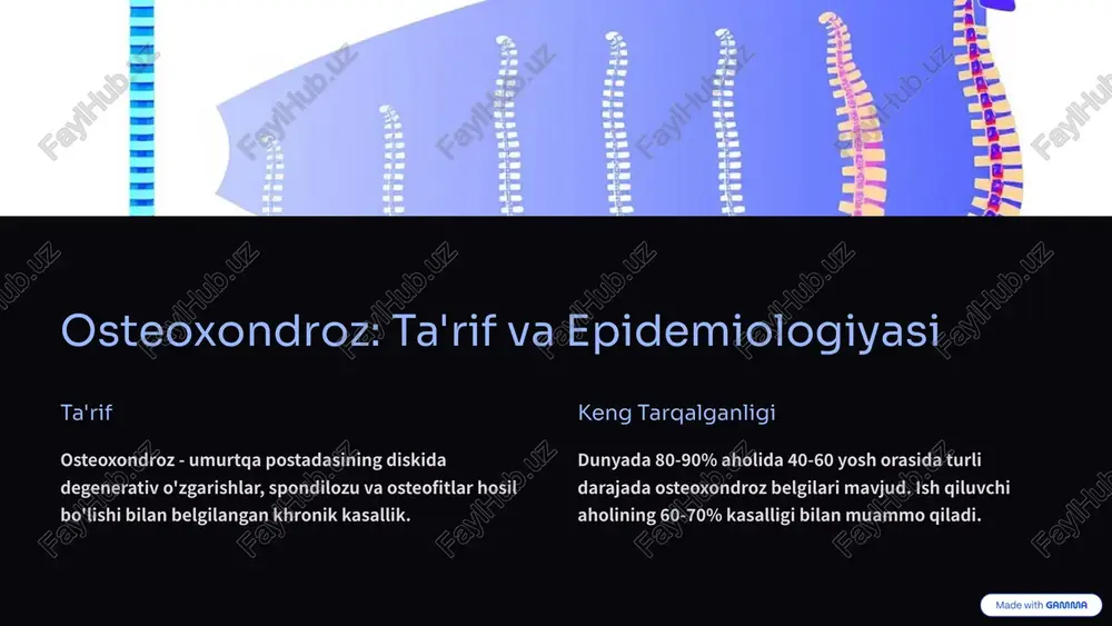 i vizualizatsiya qiladi. 3 kompyuter tomografiyasi (kt) suyak tuzilmasini detail ko'rsatadi, stenoz va osteofitlarni baholaydi. 4 klinik muayene nevrolog testi, diapazon testi, nerv ildizi belgilari qiymatlandi. 6 qiyosiy tashxis: boshqa kasalliklardan farqlash kasallik osteoxondroz belgilari farqlash omillari diskus gerniasi og'riq, siqilish belgilari mrt bilan diskus to'plami ko'rinadi spondilit og'riq, qat'iylash infeksion belgilari, biohimyoviy markerlar fibromyalgiya umum og'riq, yorug'likka sezgirlik imaging normal, sistemali belgilari artrit og'riq, harakat cheklanganligi suv ko'ligi, qizarib ketish 7 davolash tamoyillari konservativ davolash dori-darmonlar, fizioterapiya, massaj, ortez yordamida og'riqni qabul qilish va haraka qaytarish jarrohlik yechim diskektomiya, spondilodez, mikrodiskektomiya - jamiyatning og'ir holatlari yoki nervlarning uzoq muddatli siqilishida dorilar nsaids - og'riq va yallig'lanish myometalaksantlar - mushak qat'iylashi vitamin b12 - nerv funksiyasi xondroprotektorlar - disk himoya fizikal muolaja elektroterapiya va fotokinetik massaj va etiopsija moslash haraka kundalik su'v terapiya va sog'inish 8 profilaktika: oldini olish va sog'lom turmush noto'g'ri pozitsiya oldini olish ishda va kundalik hayotda …