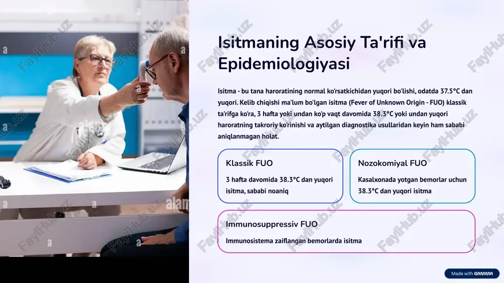 muna) ekhokardiografiya ekg duke kriteriyalari intra-abdominal abscesslar ct abdomen ultrasound qon muammolari aspirasyon va kul'tura 4 malignant kasalliklar va avtoimun sabablari malignant kasalliklar, ayniqsa limfoma va leykemiya, fuo ning muhim sababi. limfoma bemorlari ko'pincha isitma, terida shuv va vazn yo'qotish bilan taqdim etiladi. avtoimun kasalliklar, jumladan sistemali lupus eritematoz (sle), revmatoid artrit va vaskulitlar ham isitmani keltirib chiqarishi mumkin. bu kasalliklar ko'pincha boshqa simptomlar bilan birga keladi va serologik testlar diagnostikada yordam beradi. limfoma isitma, terida shuv, vazn yo'qotish. diagnostika: ldh, qon muammolari, biopsy, pet-ct leykemiya isitma, kuchsizlik, qon ko'chish. diagnostika: qon muammolari, kemoterapiya, kostni punkatsiya sle isitma, rash, artrit, serozit. diagnostika: ana, anti-dsdna, esr, crp vaskulit isitma, vaskular simptomlar. diagnostika: esr, crp, anca, biopsy 5 tizmli diagnostika yondashuvi fuo bilan og'rigan bemorlarga tizmli yondashuv juda muhim. birinchi bosqichda to'liq anamnez, jismoniy tekshiruv va asosiy laboratoriya testlari o'tkaziladi. ikkinchi bosqichda imaging usullari (ct, ultrasound) qo'llaniladi. uchinchi bosqichda, agar sabab aniqlanmasa, …